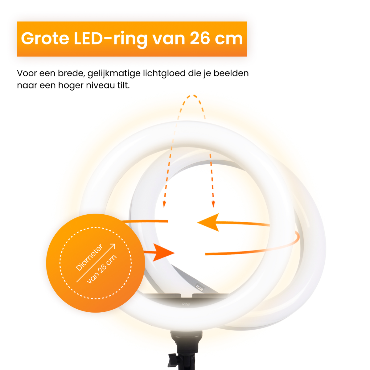 White LED ring light with orange text and arrows pointing to the diameter measurement.