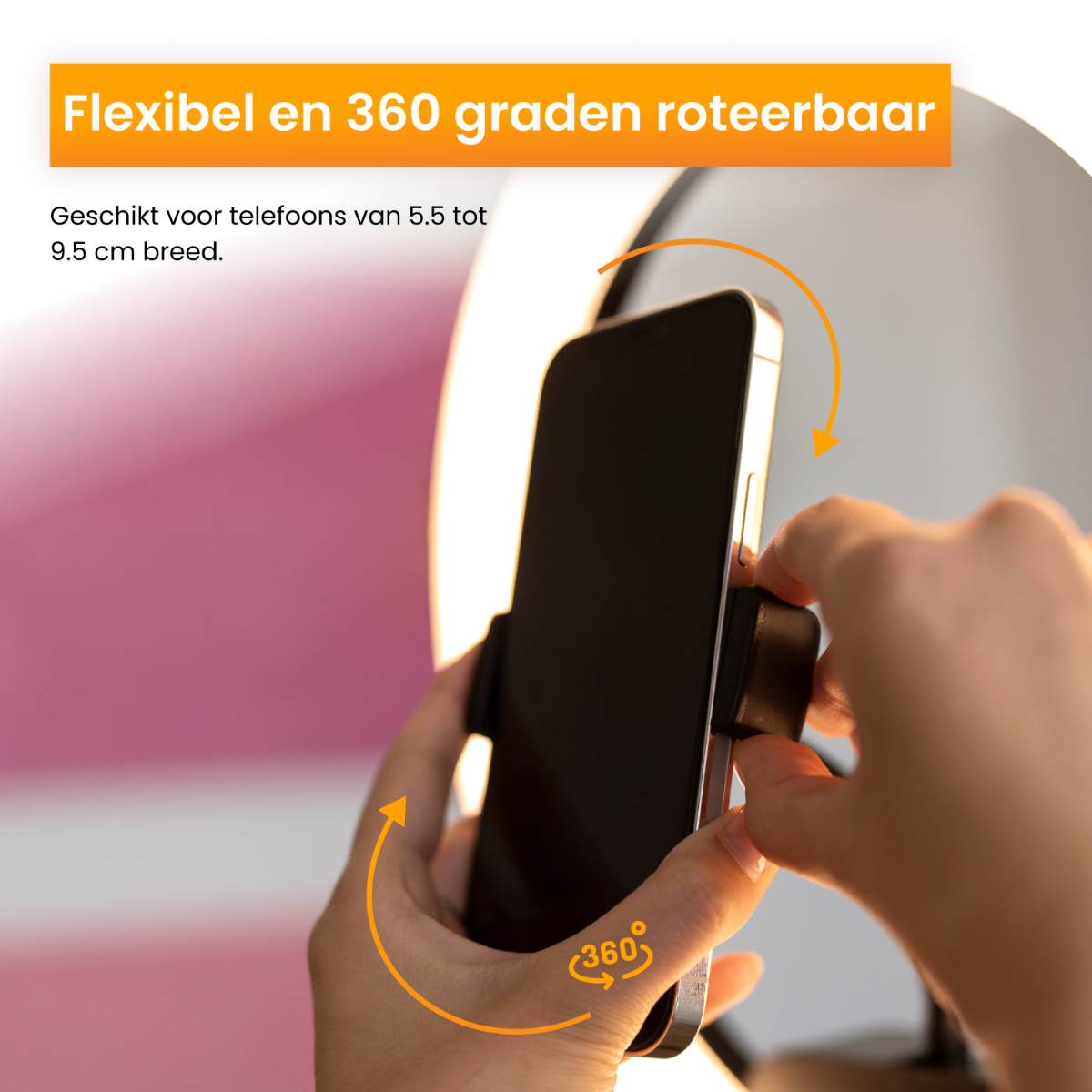 A person holding a phone in a rotating phone holder, with arrows indicating 360 degrees.