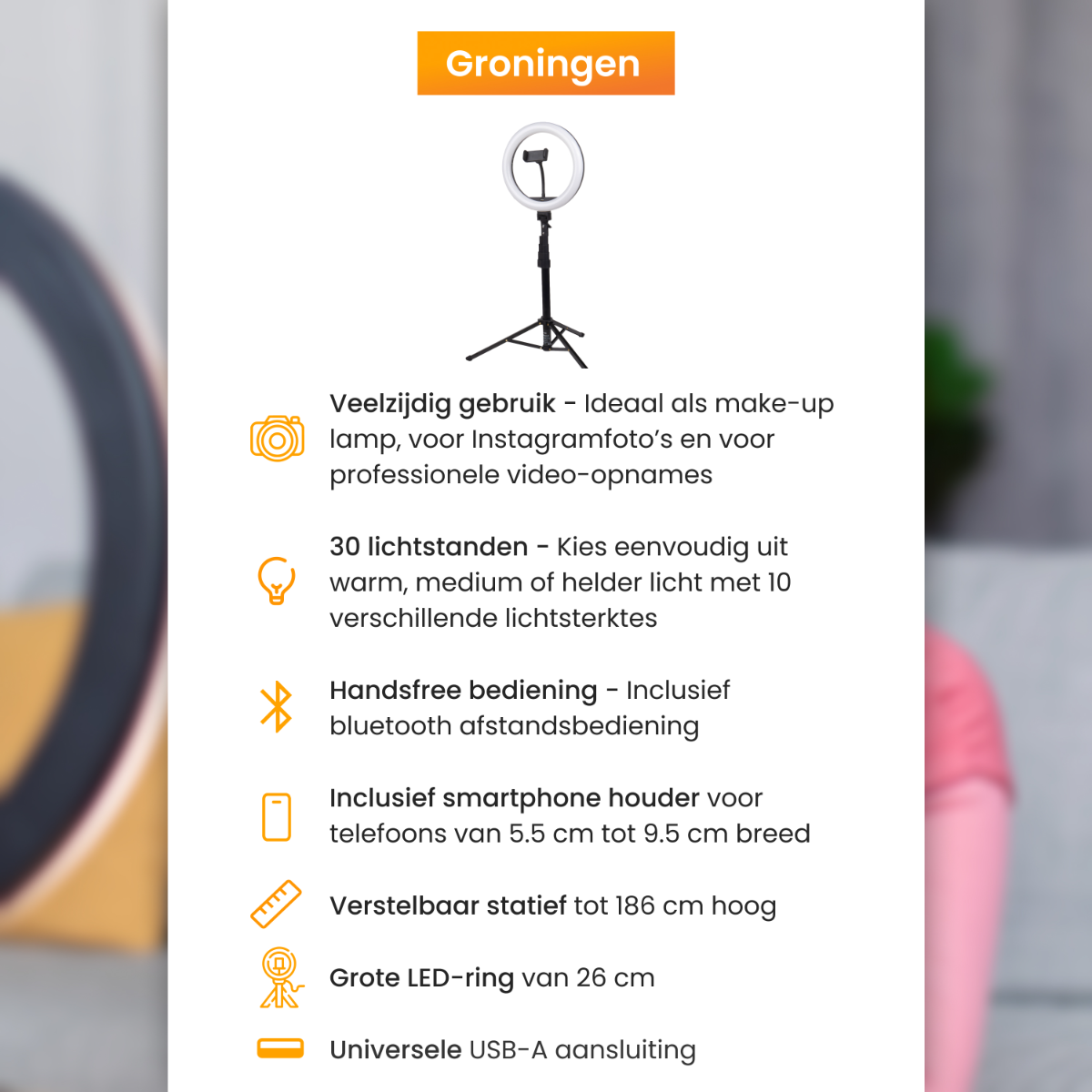 A promotional image for a ring light, with text in Dutch, and a phone.