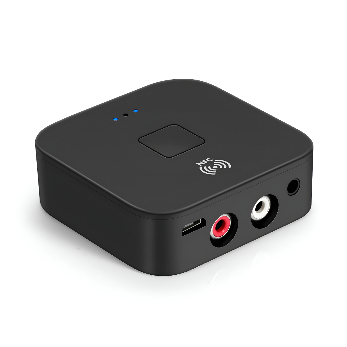 Schwarzer NFC-Audio-Empfänger mit Ein-/Ausgangsanschlüssen. Inklusive USB und Cinch.