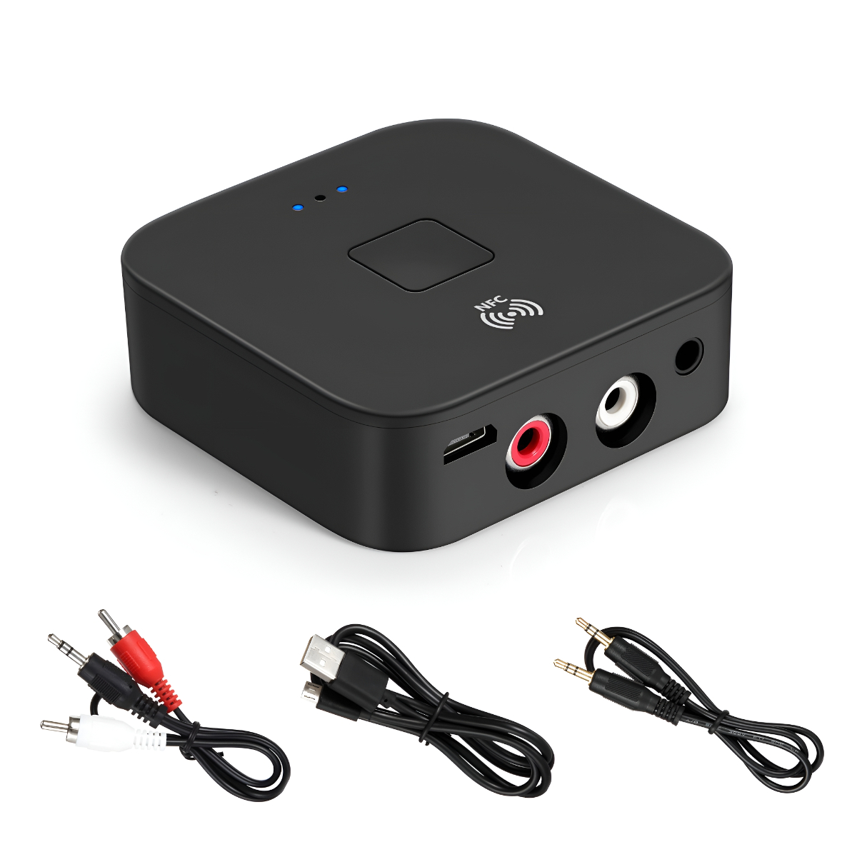 Ein schwarzer Bluetooth-Empfänger mit mehreren Kabeln und Anschlüssen, dargestellt auf weißem Hintergrund.