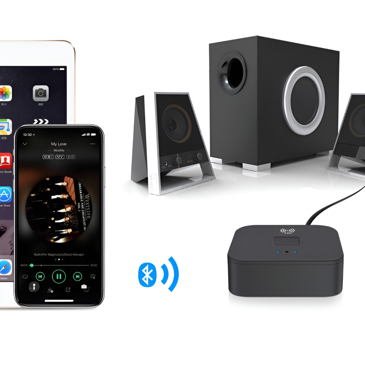 Smartphone spielt Musik, gekoppelt mit Lautsprechern und einem Empfänger. Bluetooth-Symbol zeigt drahtlose Verbindung.