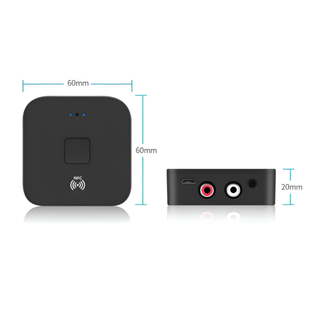 Ein schwarzes quadratisches Gerät mit Abmessungen, mit NFC und Ein-/Ausgangsanschlüssen.
