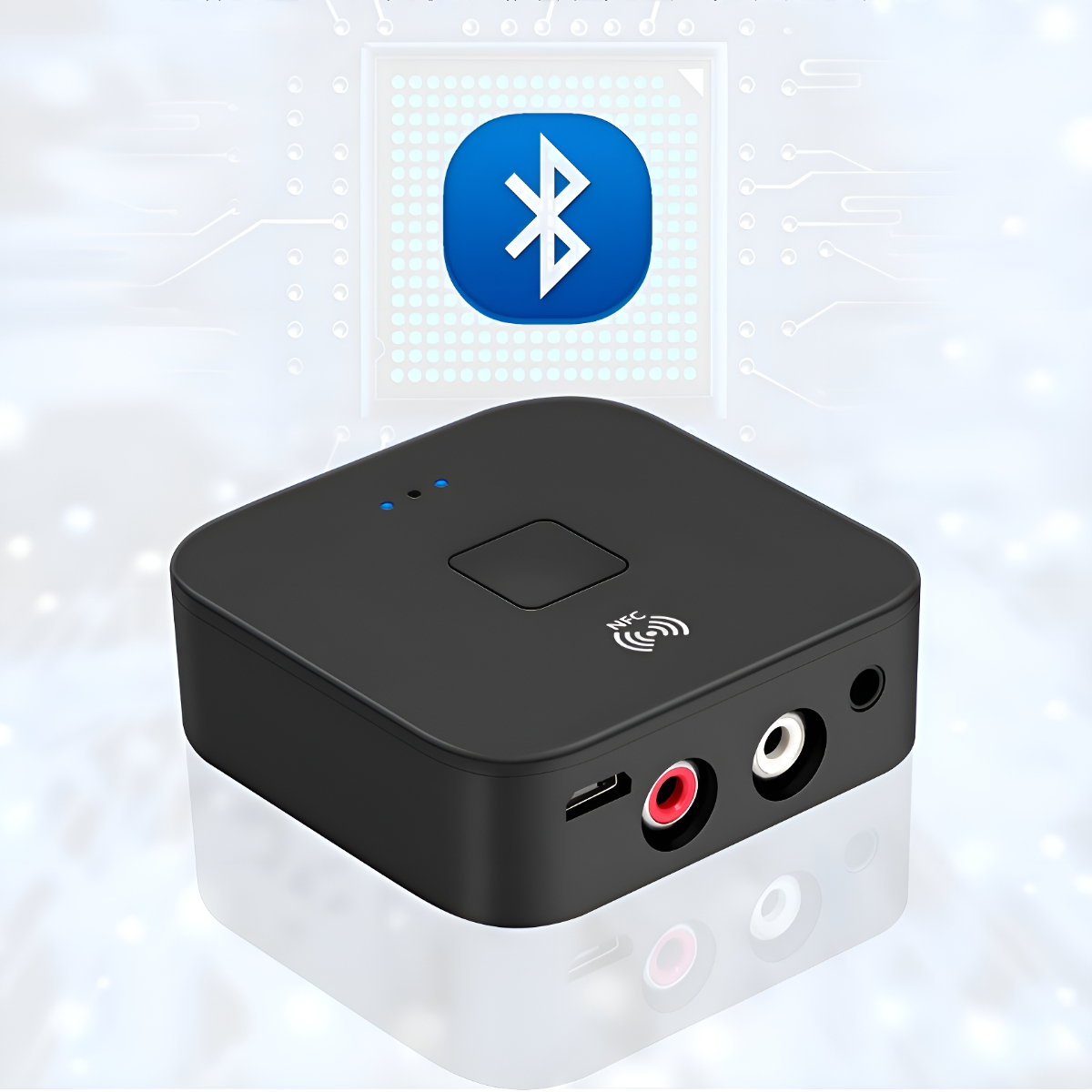 Ein schwarzer Bluetooth-Empfänger mit roten und weißen Audioausgängen.