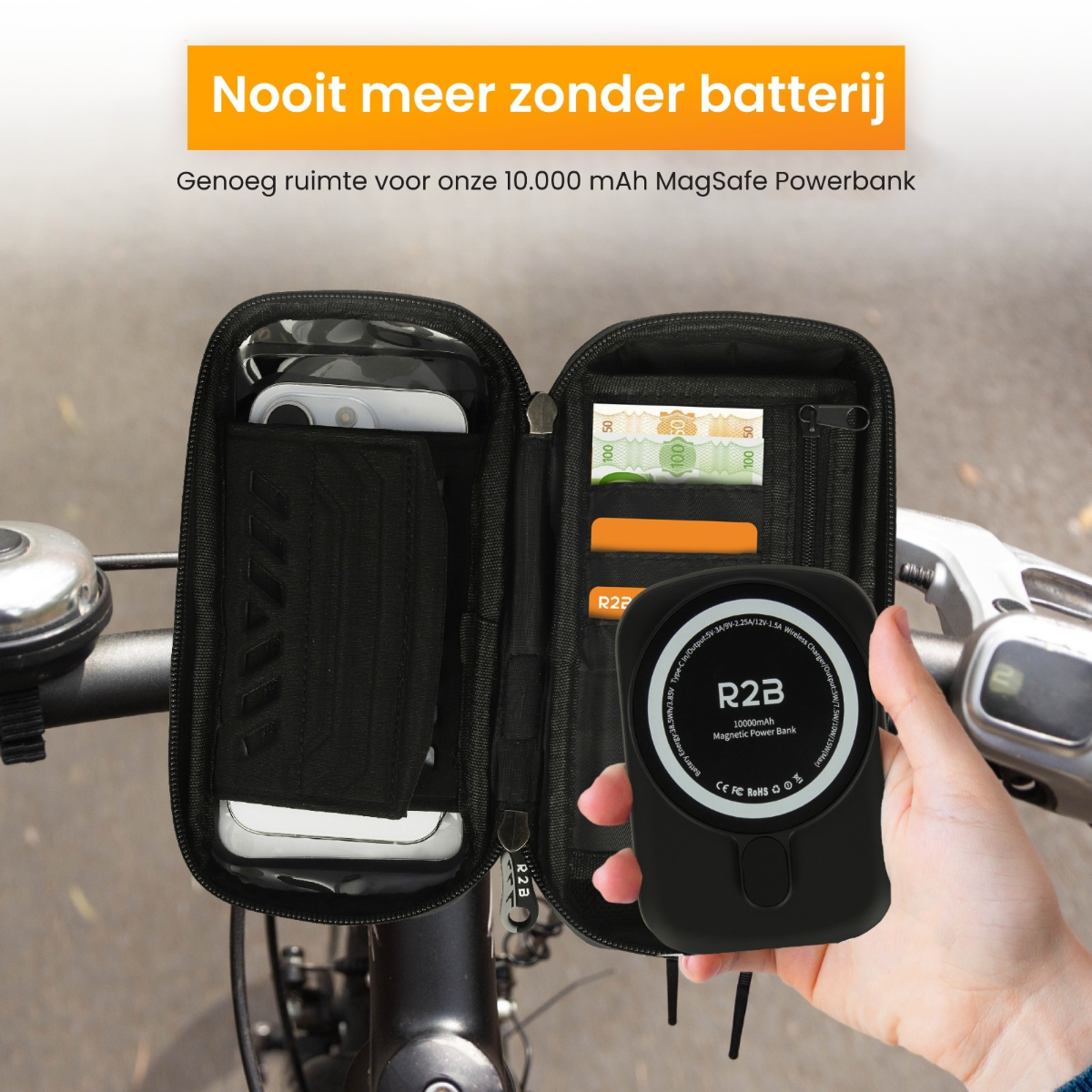 Een zwarte fietstelefoonhoes met een powerbank bevestigd aan het stuur van een fiets.