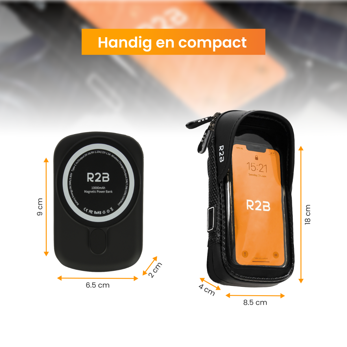 Zwarte powerbank en telefoonhoes met een telefoon erin. Afmetingen staan in de afbeelding.
