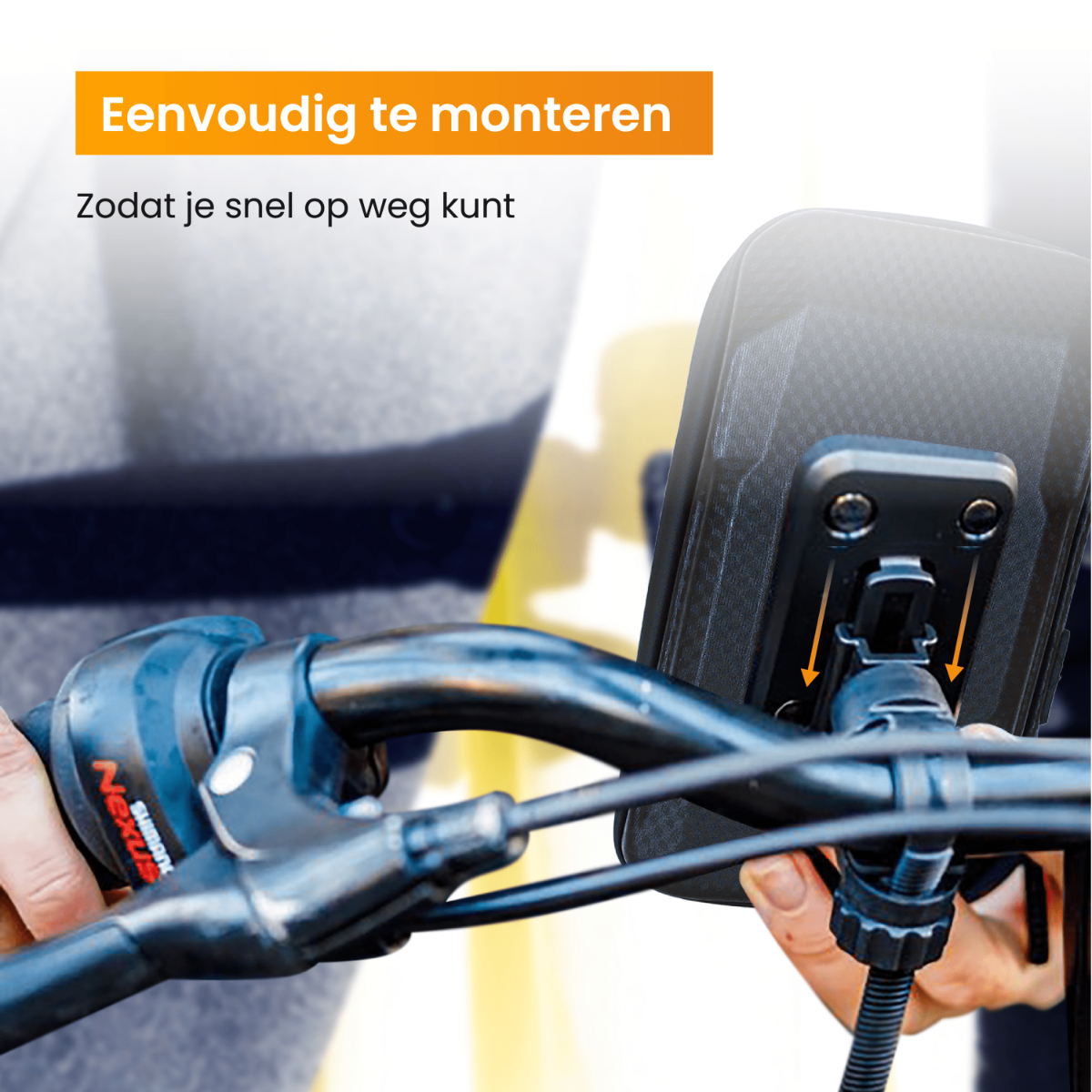 Handen bevestigen een telefoon aan een fietsstuur, tekst: 'Eenvoudig te monteren'.