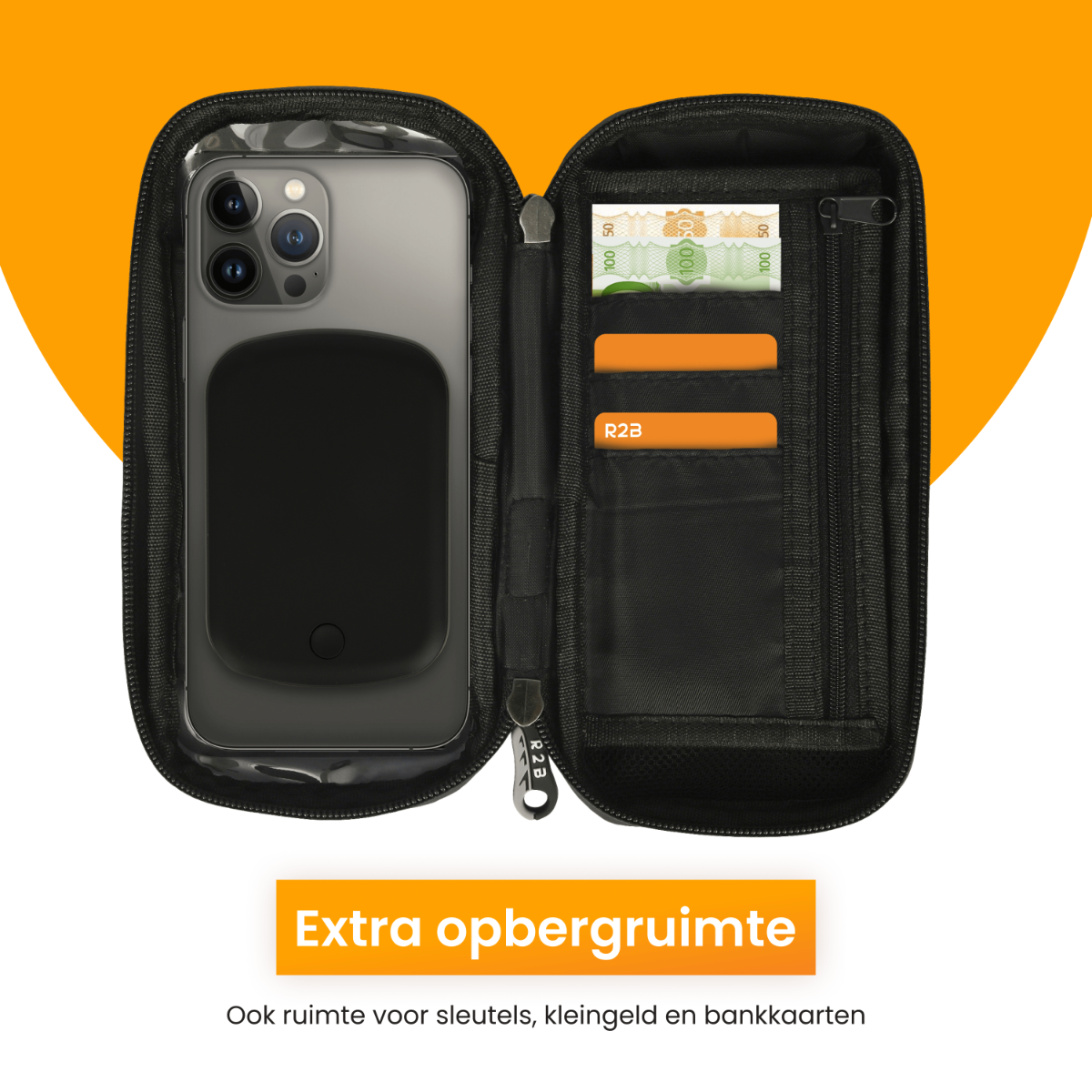 Zwarte telefoonhoes met een telefoon erin, creditcards en geld erin, op een oranje achtergrond.