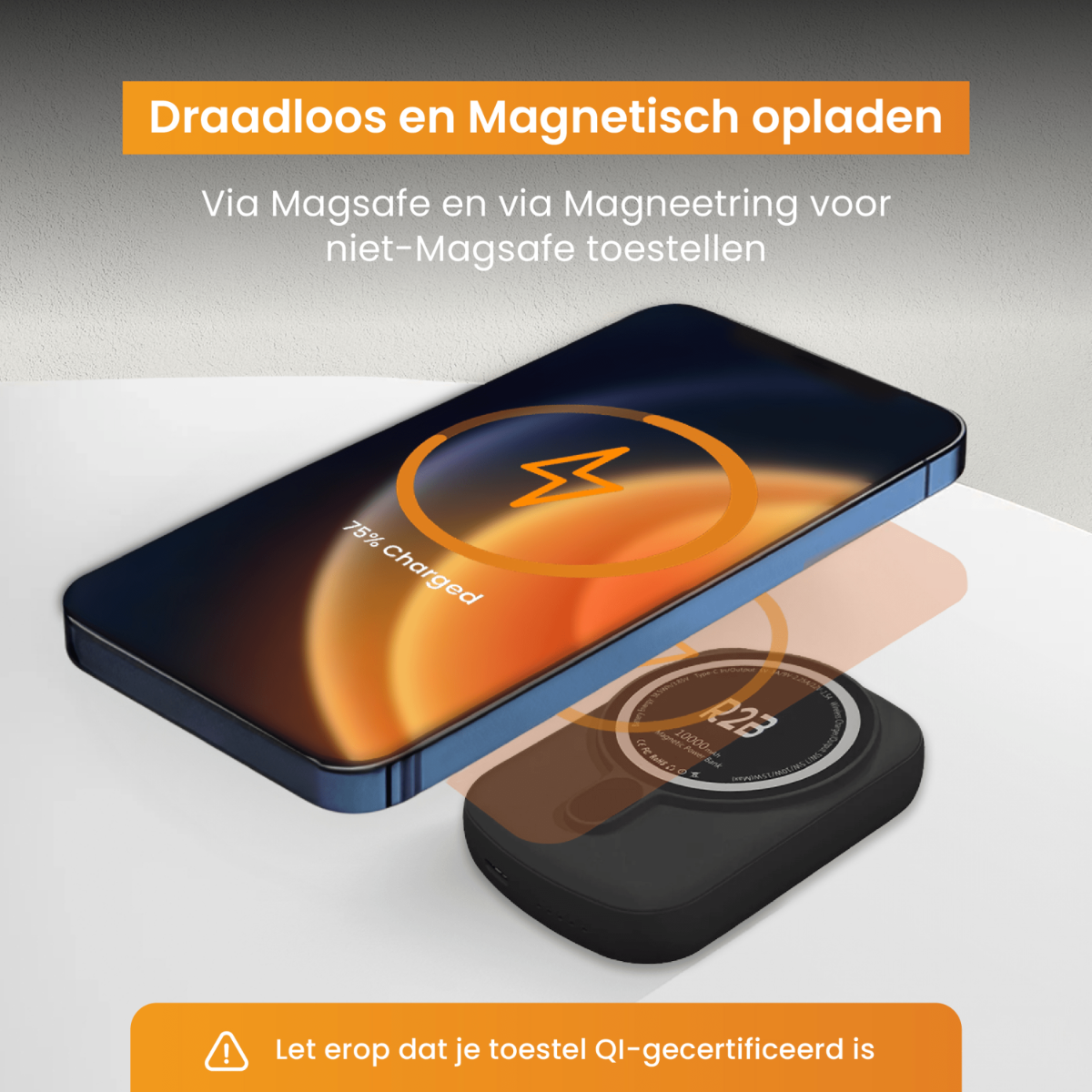 Telefoon draadloos opladen op een pad. Pad heeft een oplaadpictogram. Een oplaadpad staat naast de telefoon.