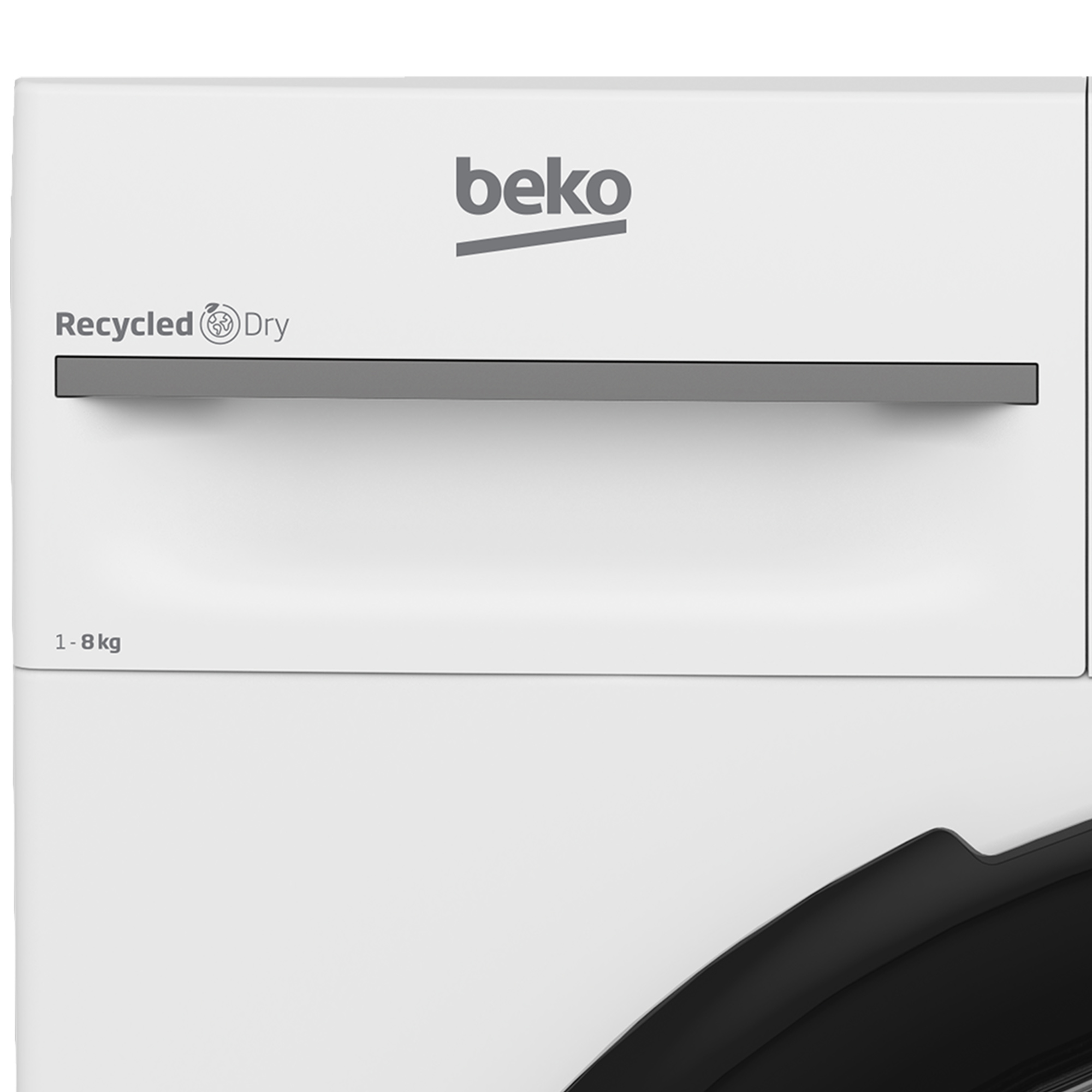 Ein Detail einer weißen Beko Waschmaschine. Die Oberseite hat einen Griff. Text: 'Recycled Dry'.