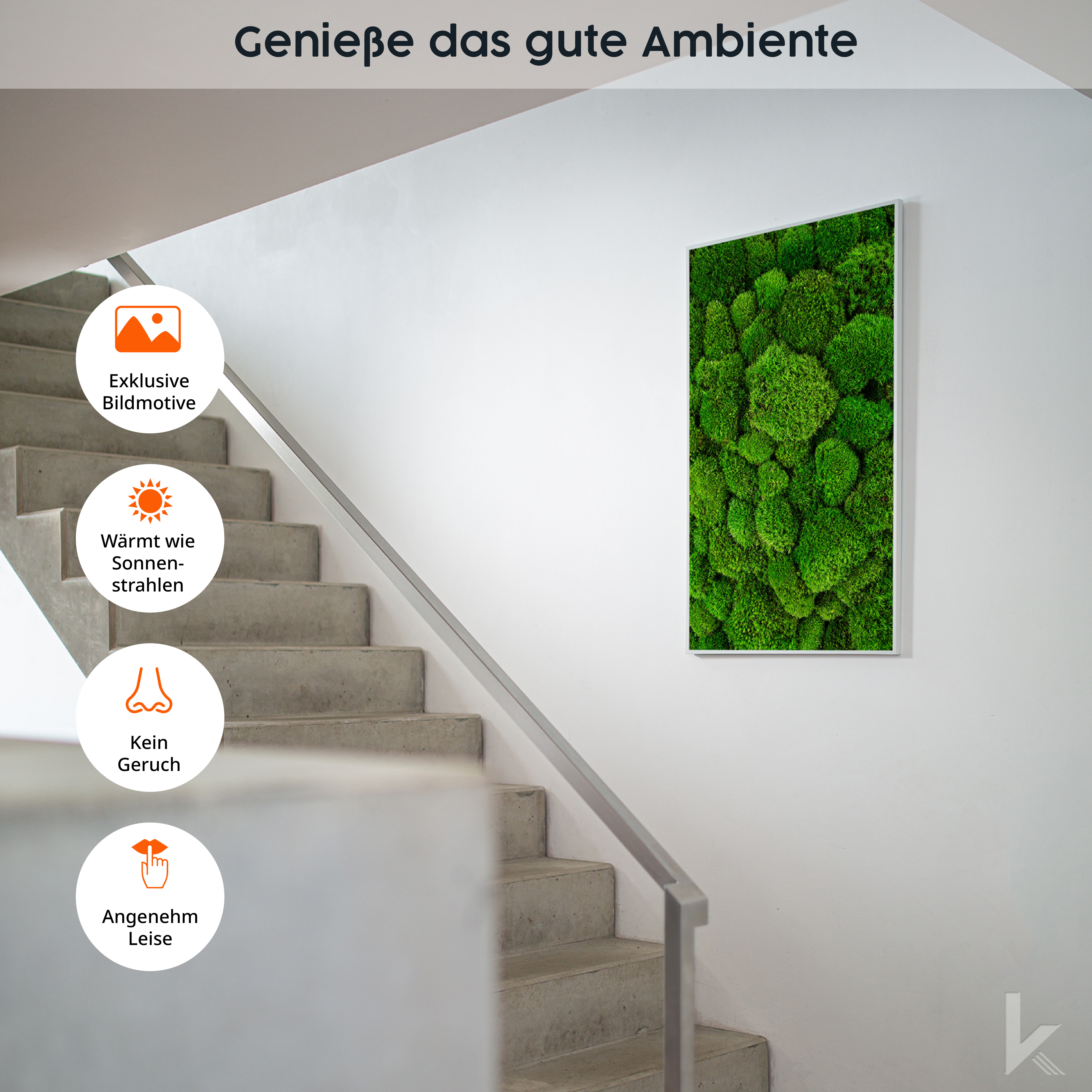 Grüne Moos-Wandkunst an einer weißen Wand, mit drei Symbolen und Treppen.