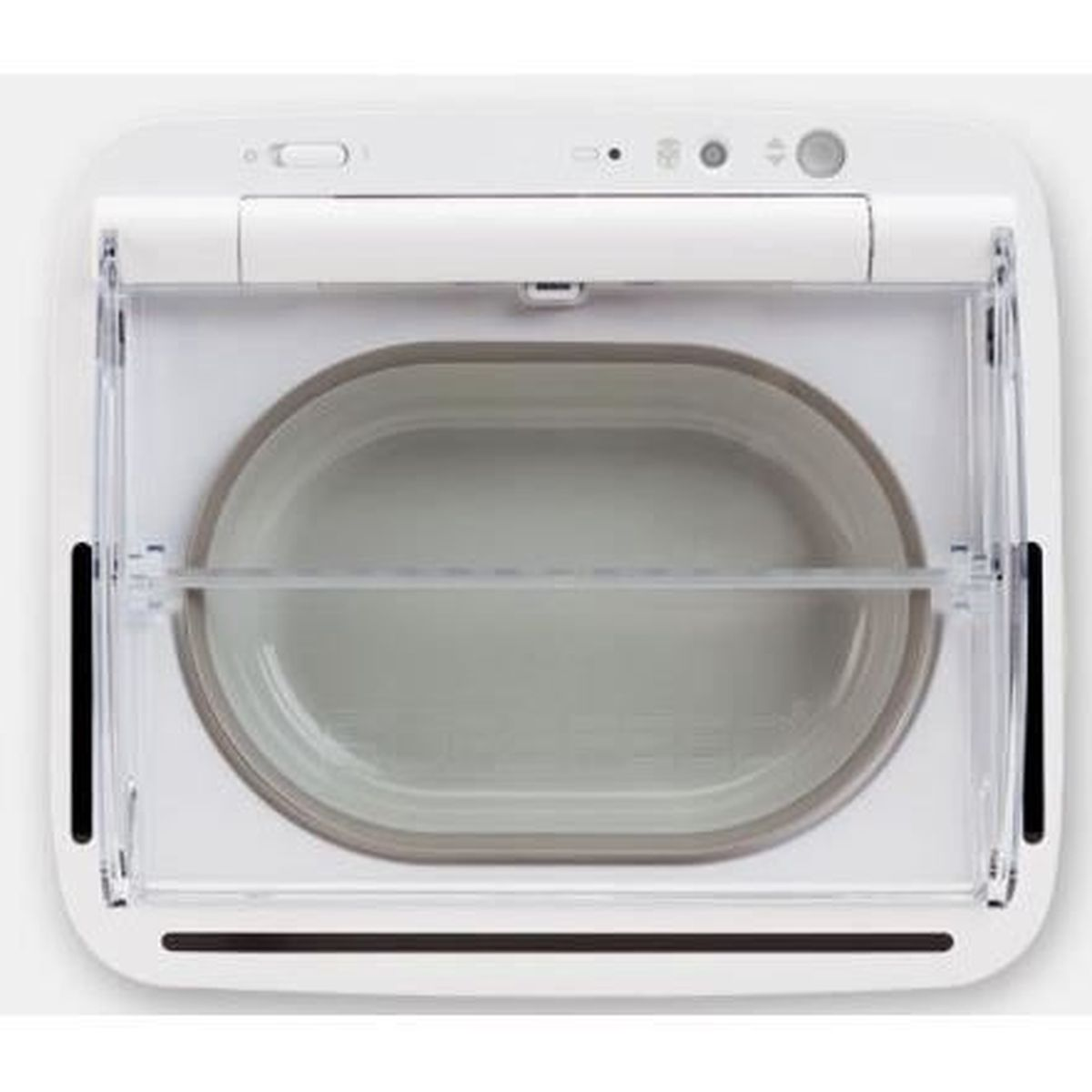 Biały i szary pojemnik na karmę dla zwierząt z otwartą pokrywą, widok z góry.