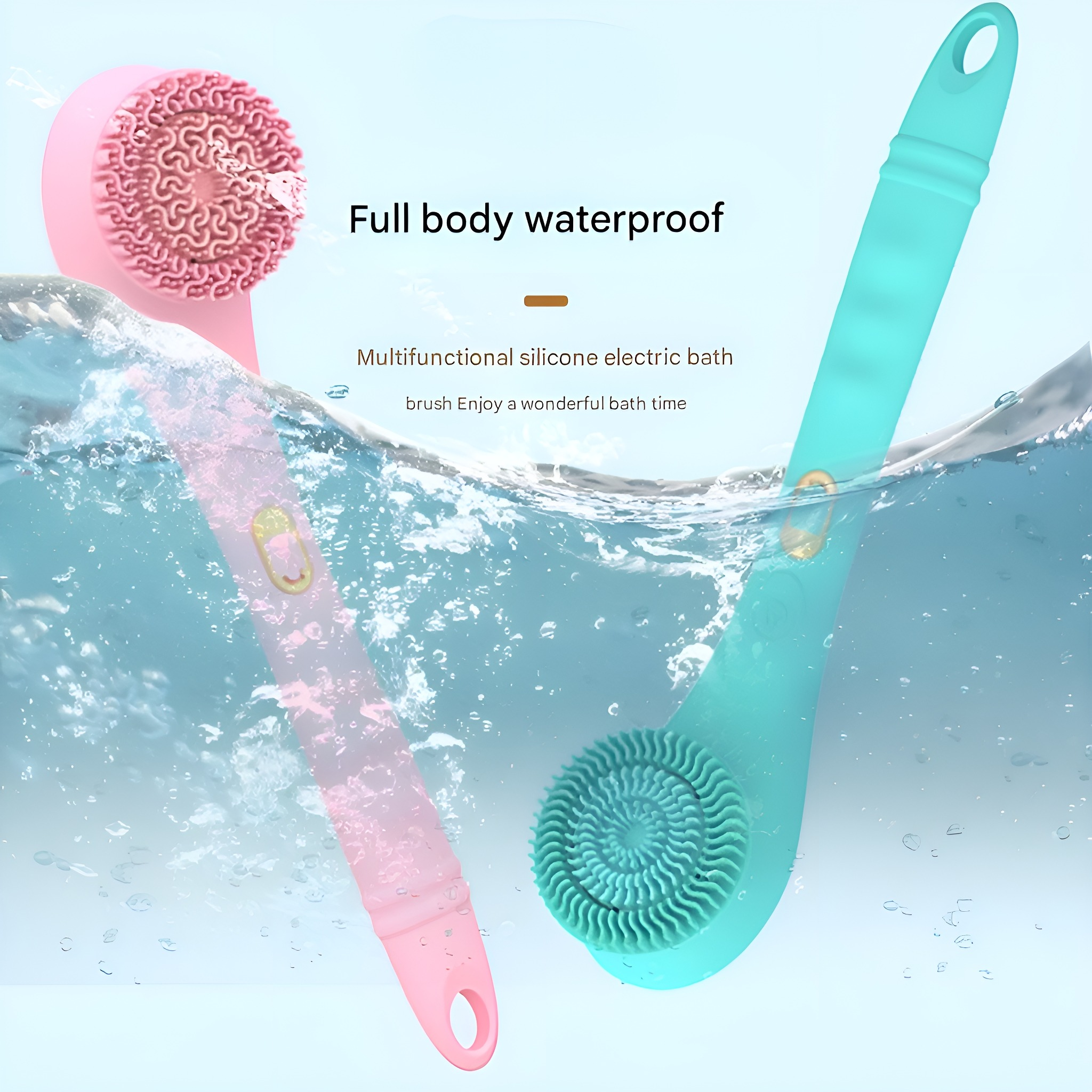 Zwei rosa und türkis Silikon-Bürsten im Wasser. Text zeigt Ganzkörper-wasserdicht und Verwendung.