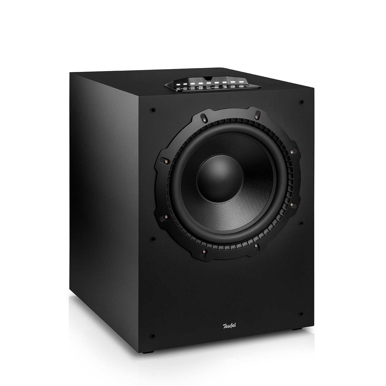 Schwarzer Subwoofer-Lautsprecher. Er hat einen großen kreisförmigen Lautsprecher. Auf der Vorderseite steht 'Teufel'.