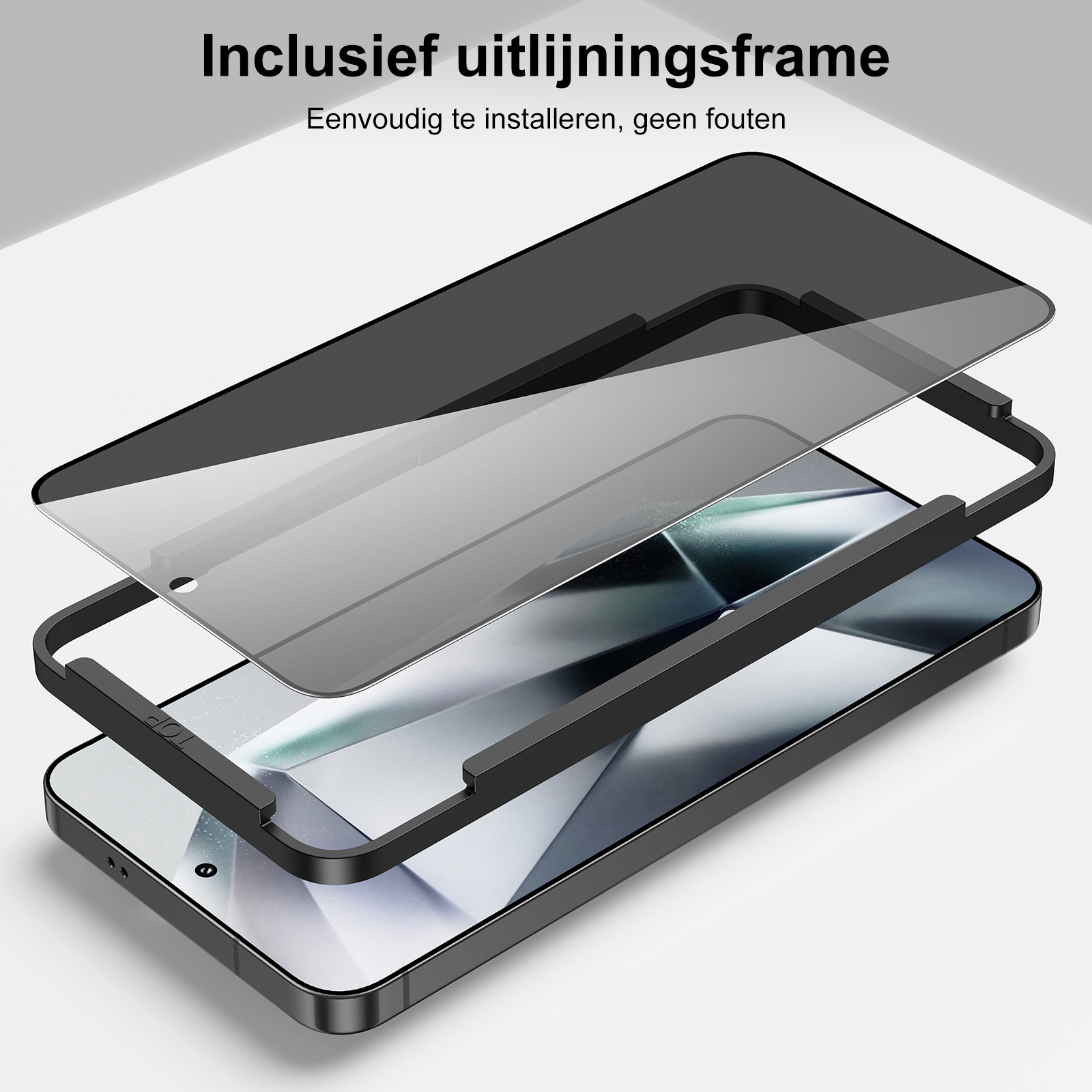 Ein Displayschutz und Rahmen werden angezeigt. Die Teile sind geschichtet und montagebereit.