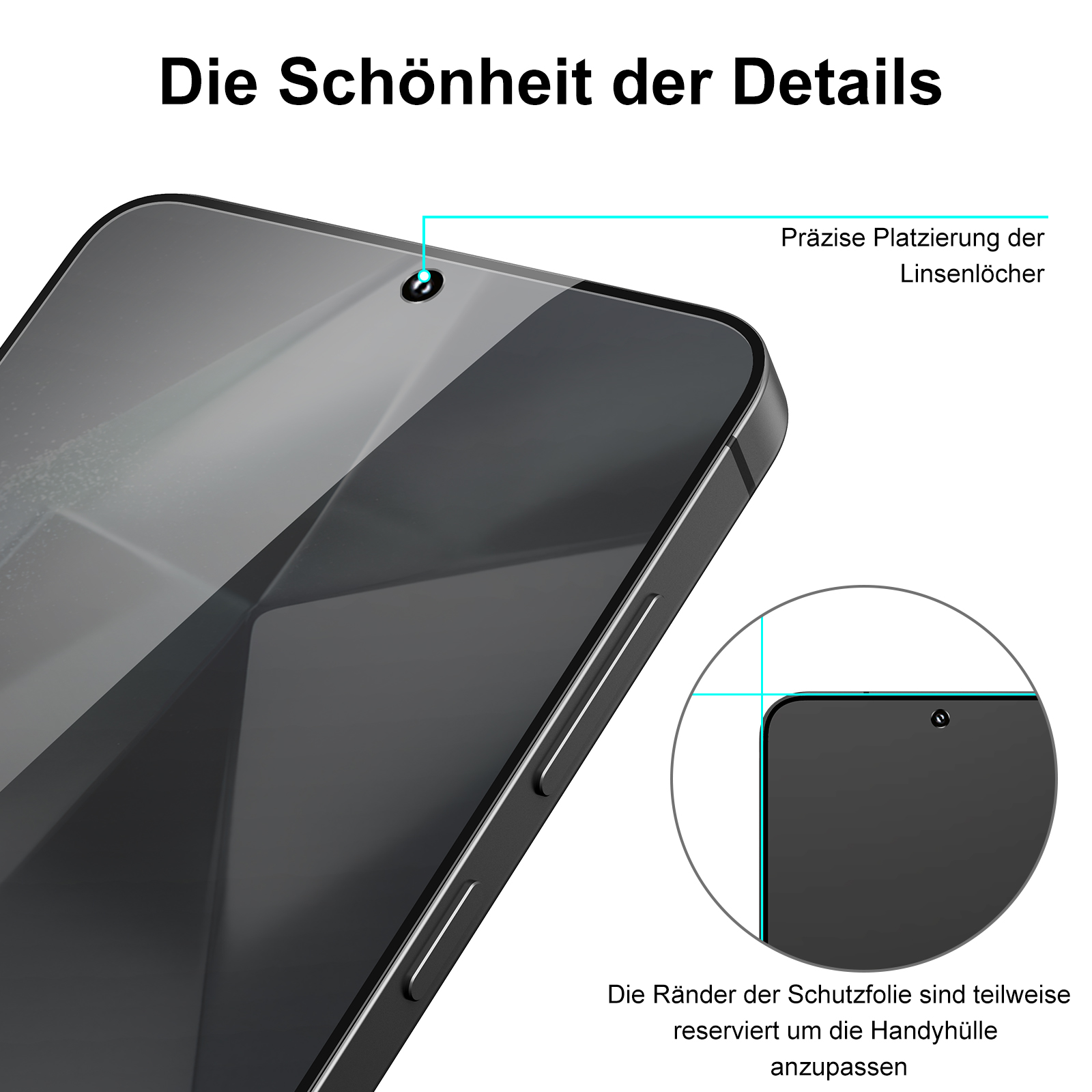 Nahaufnahme einer Displayschutzfolie auf einem Telefon, die Details der Ränder und der Linse zeigt.