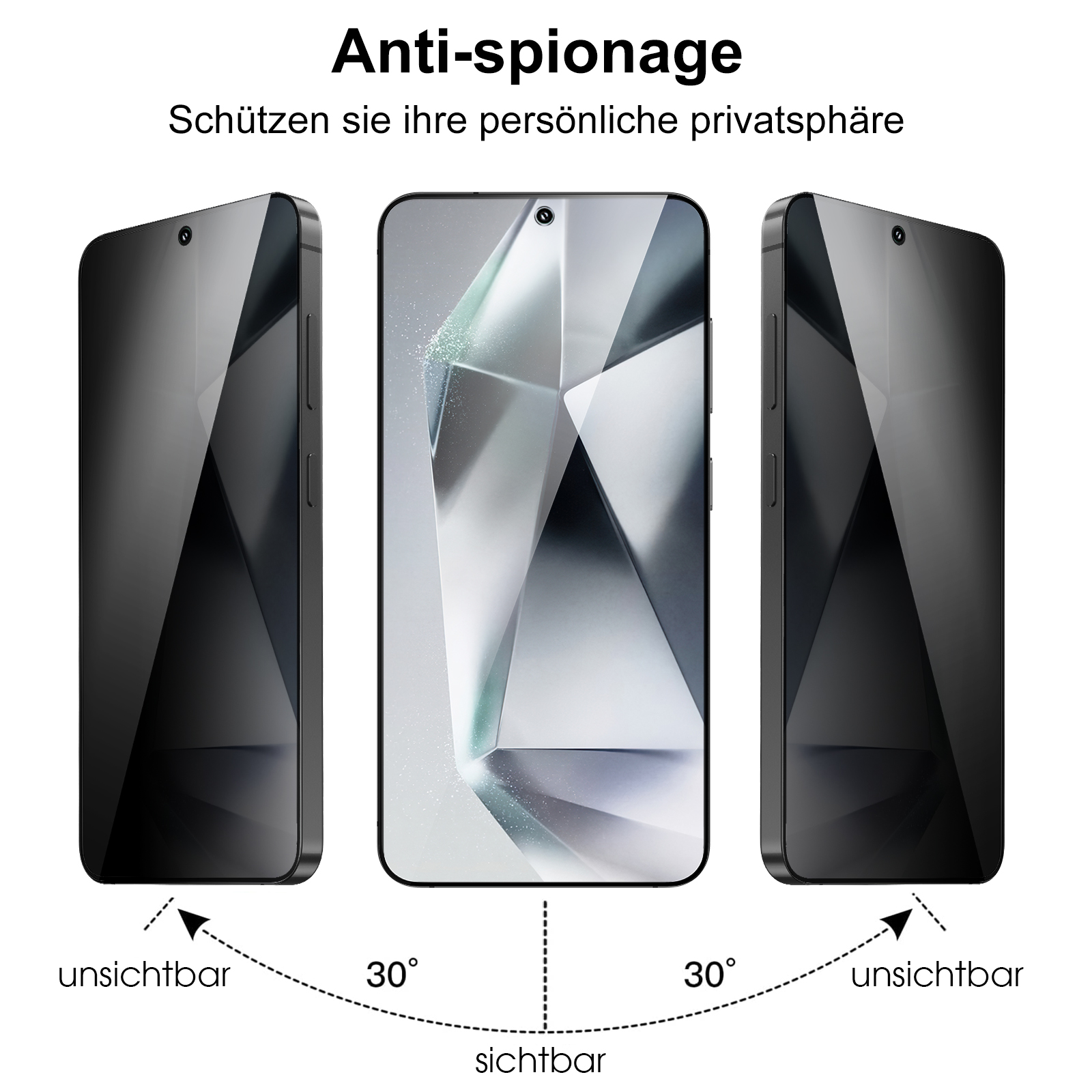 Drei Smartphones zeigen Anti-Spionage-Schutz. Das mittlere Telefon ist sichtbar, die anderen sind unsichtbar.