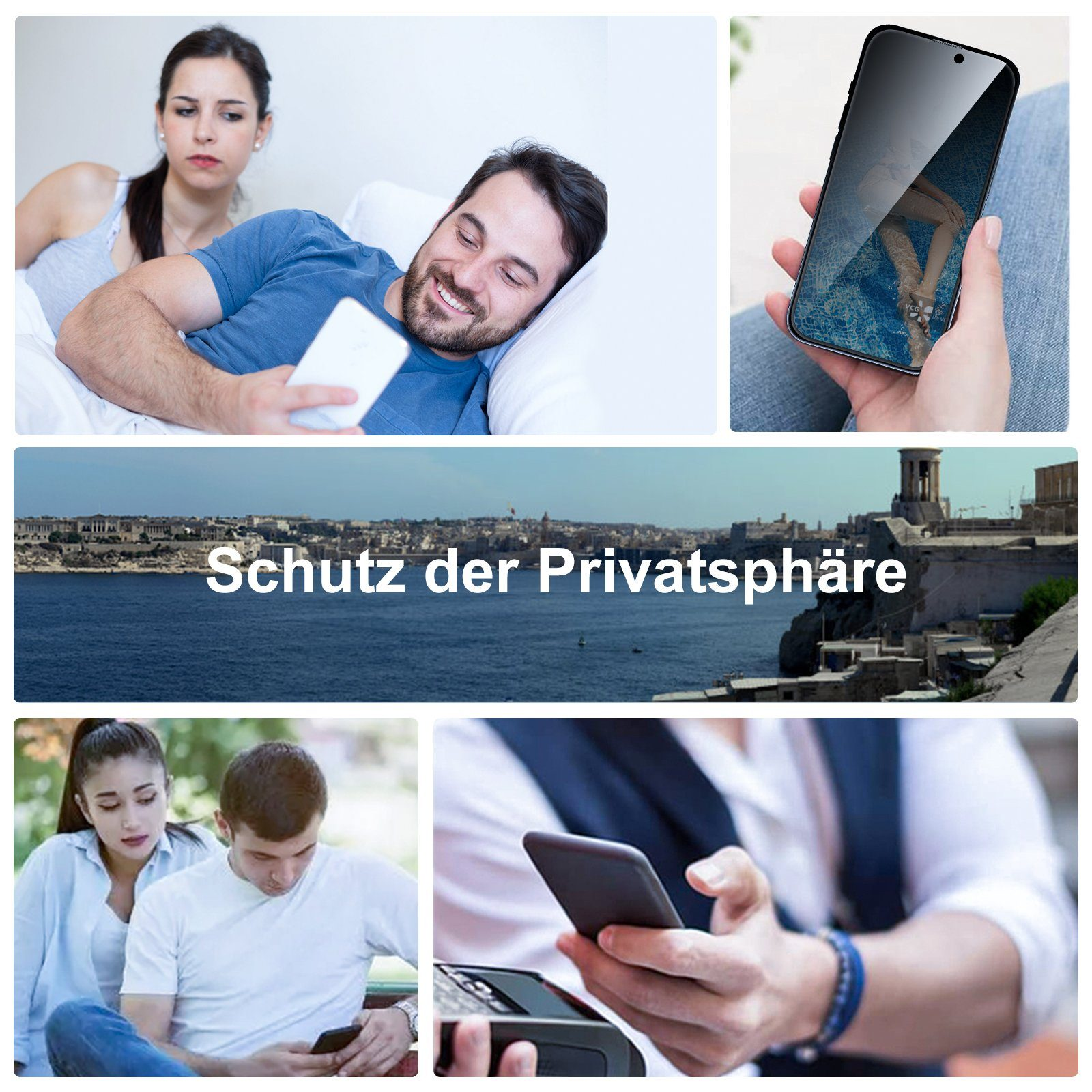 Collage von Bildern: Paar, Telefonbildschirm, Stadtbild, Menschen. Text: Schutz der Privatsphäre.