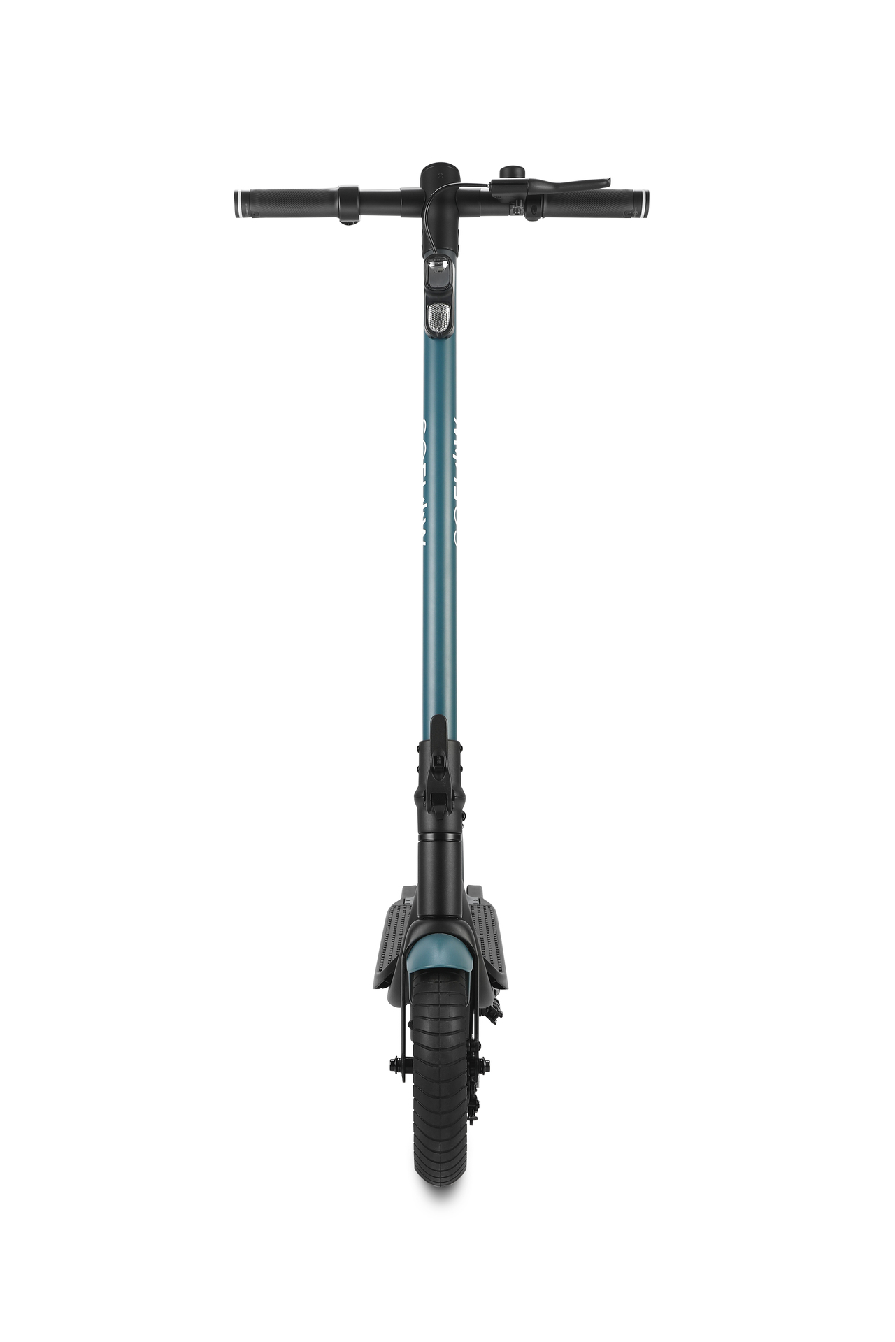 Scooter dalla parte anteriore. È verde acqua e nero con un poggiapiedi grigio e sfondo bianco.