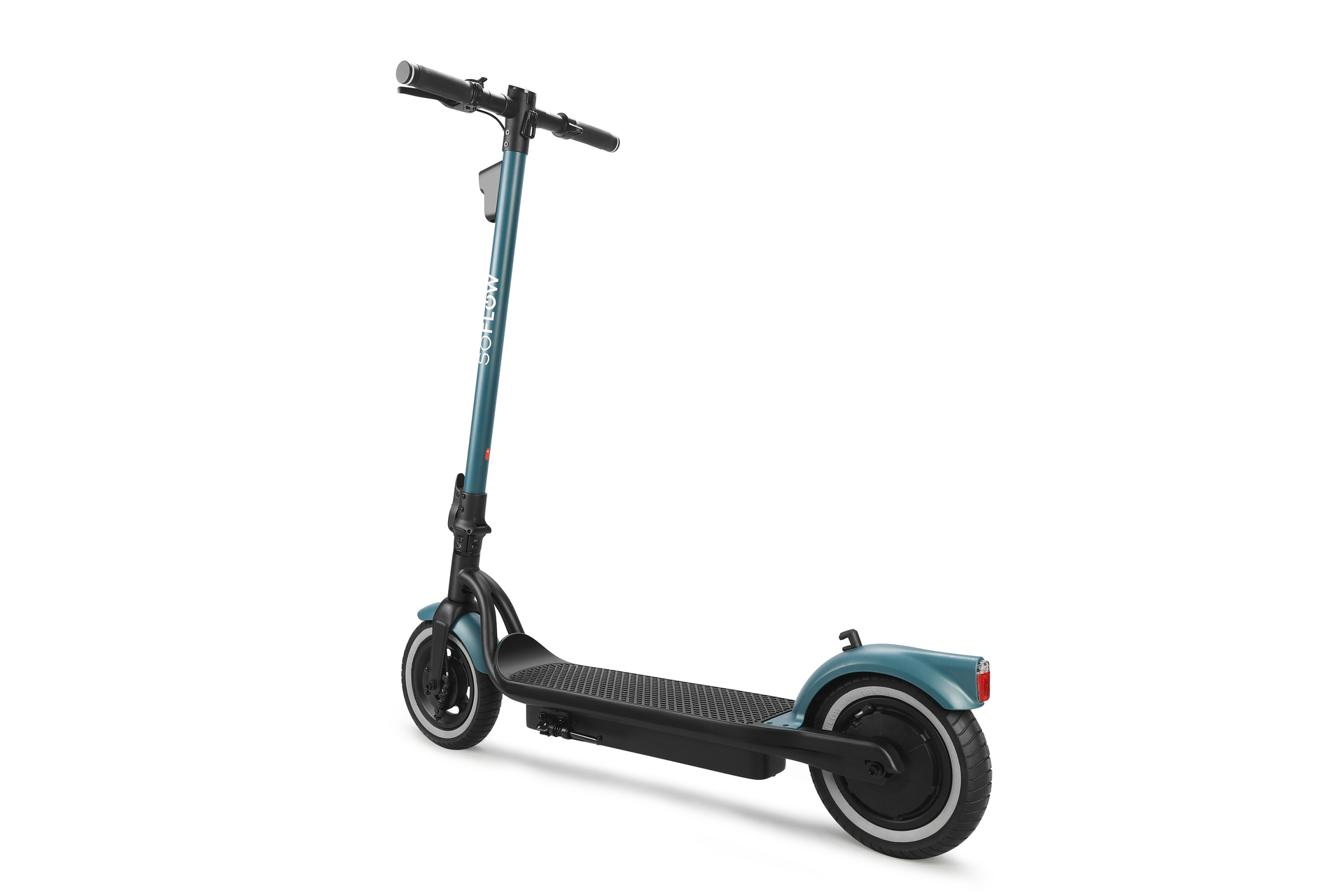 Scooter elettrico blu e nero, visto da dietro, con ruote bianche.