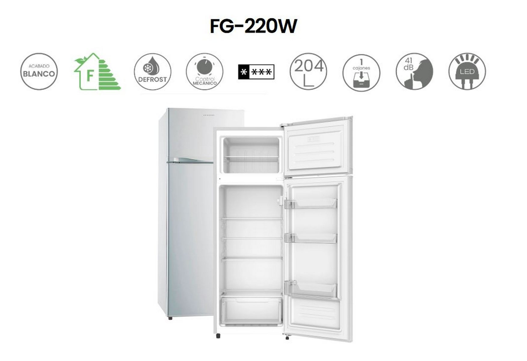 Refrigerador blanco con dos puertas abiertas. Hay logos e iconos encima del refrigerador.