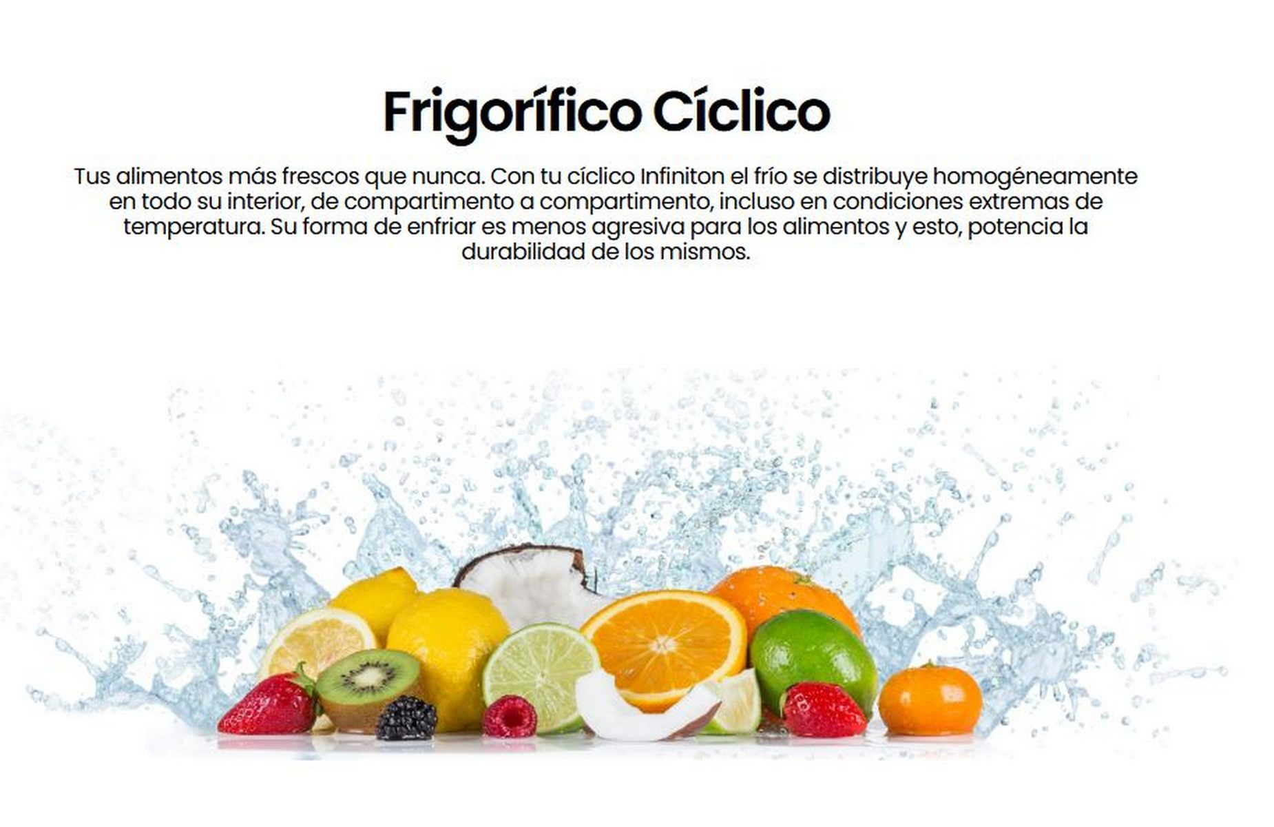 Frutas y salpicaduras de agua: limones, kiwi, fresas, moras, coco, naranja, lima y mandarina.