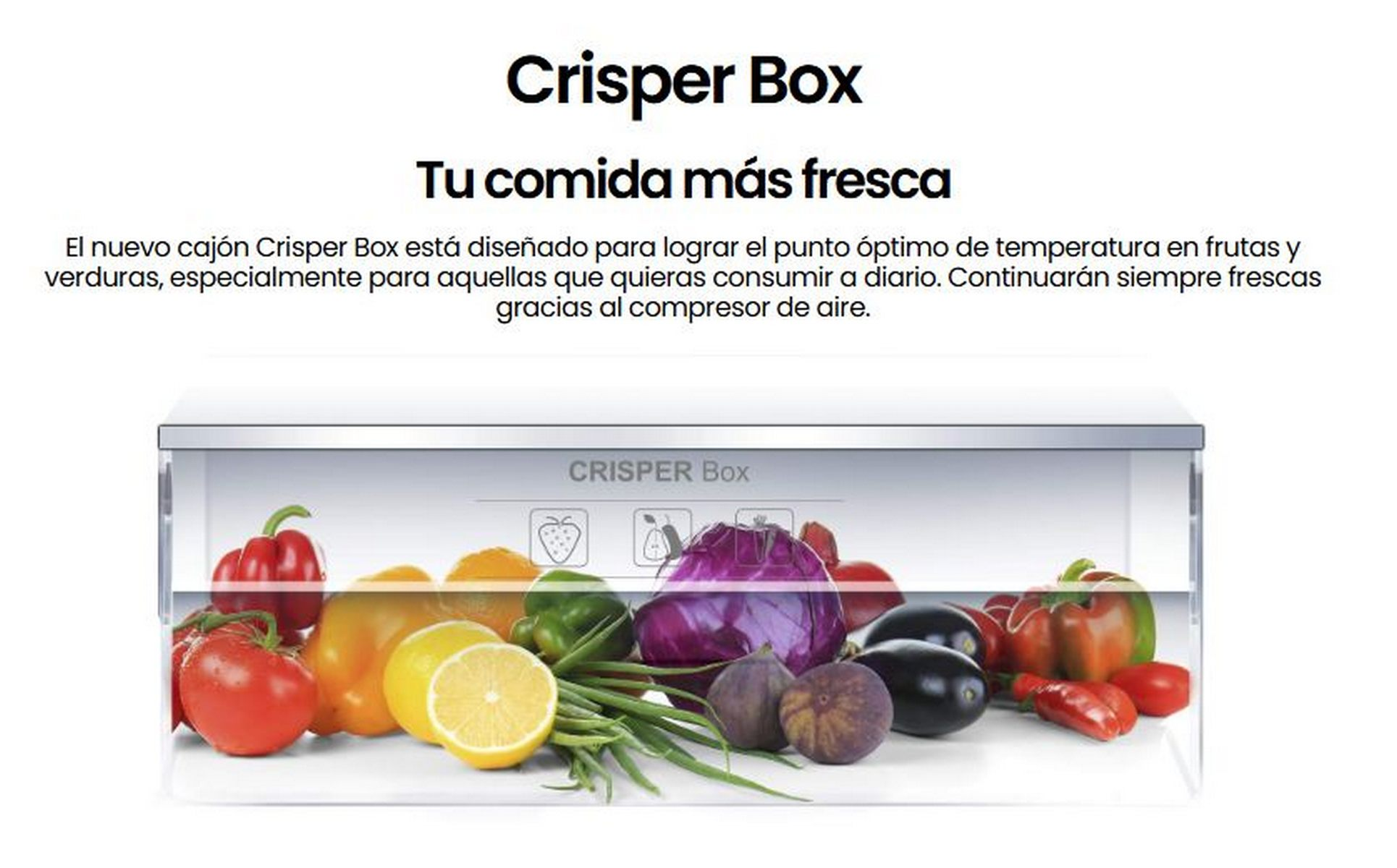 Primer plano del Crisper Box en un refrigerador lleno de productos frescos. Texto superior en español.
