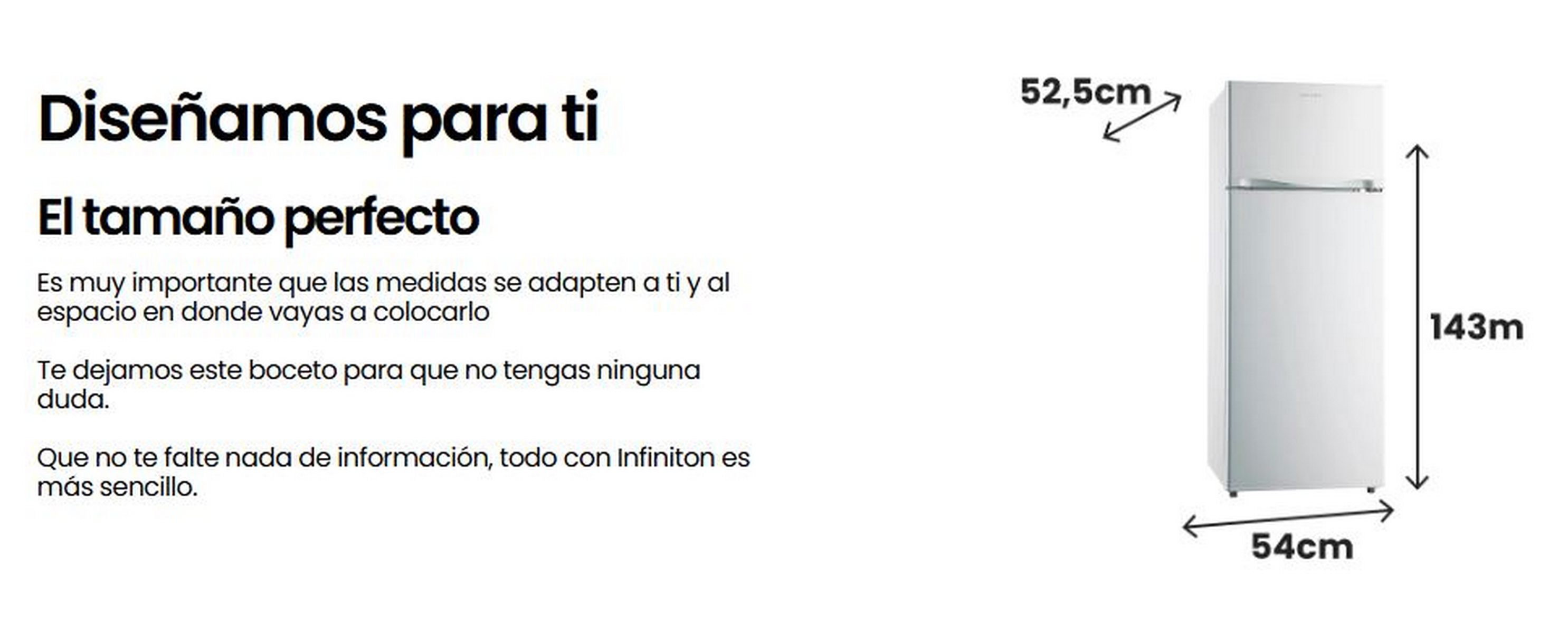 Refrigerador blanco con medidas proporcionadas. El texto está en español.