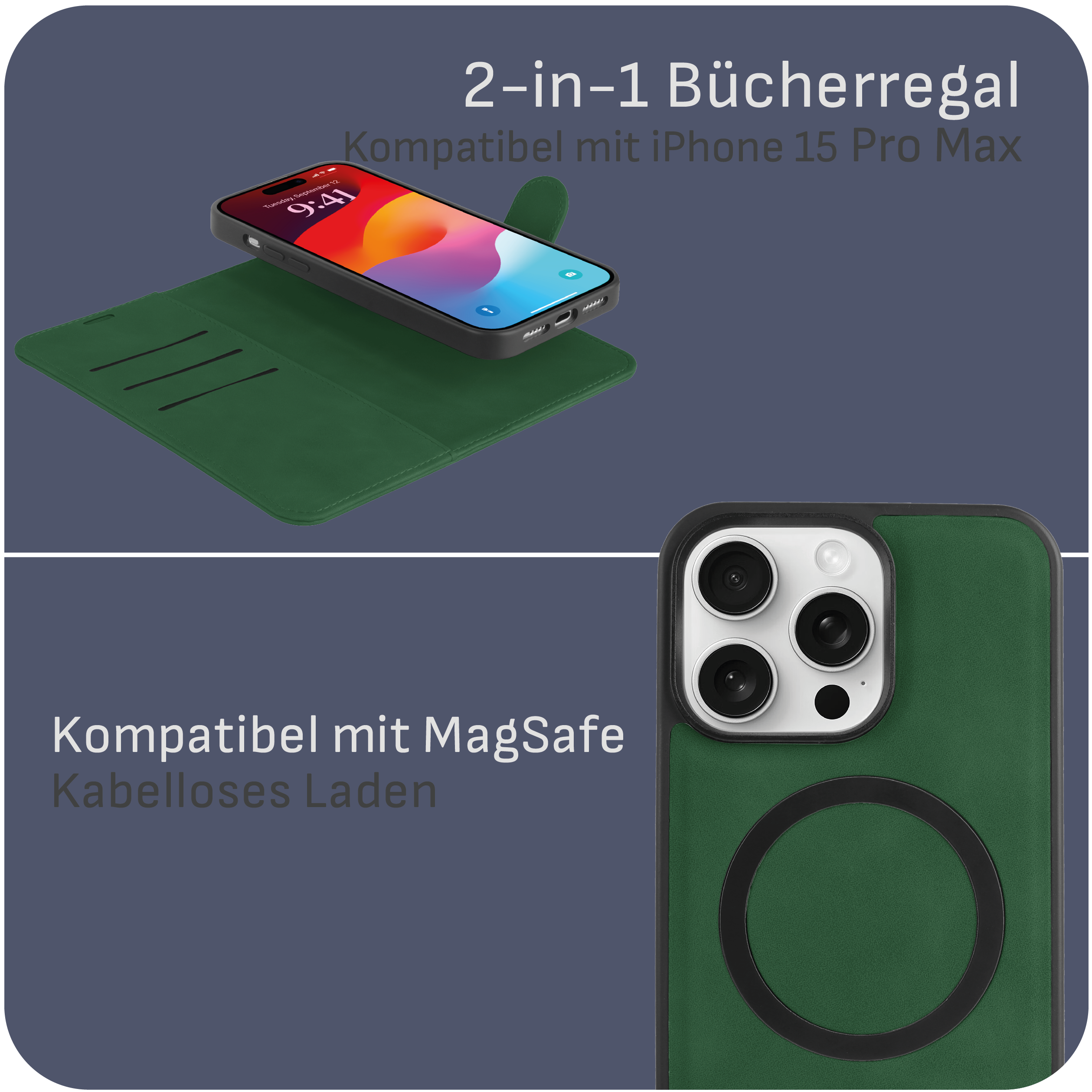 Grüne Handyhülle mit schwarzem Handy und Text. Darunter eine grüne Brieftasche.