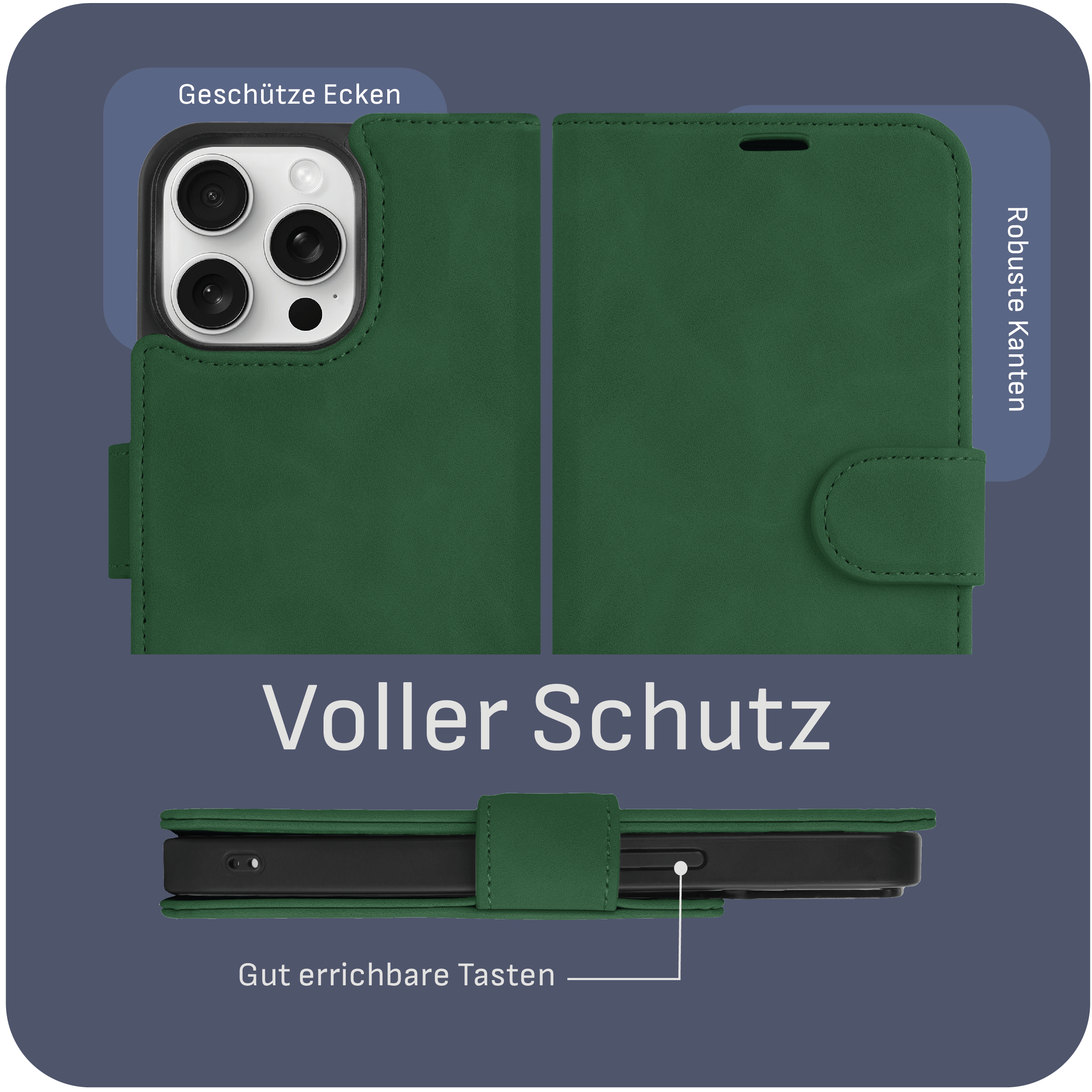 Grüne Handyhülle mit Telefon darin. Die Hülle hat Etiketten, die die Funktionen beschreiben.