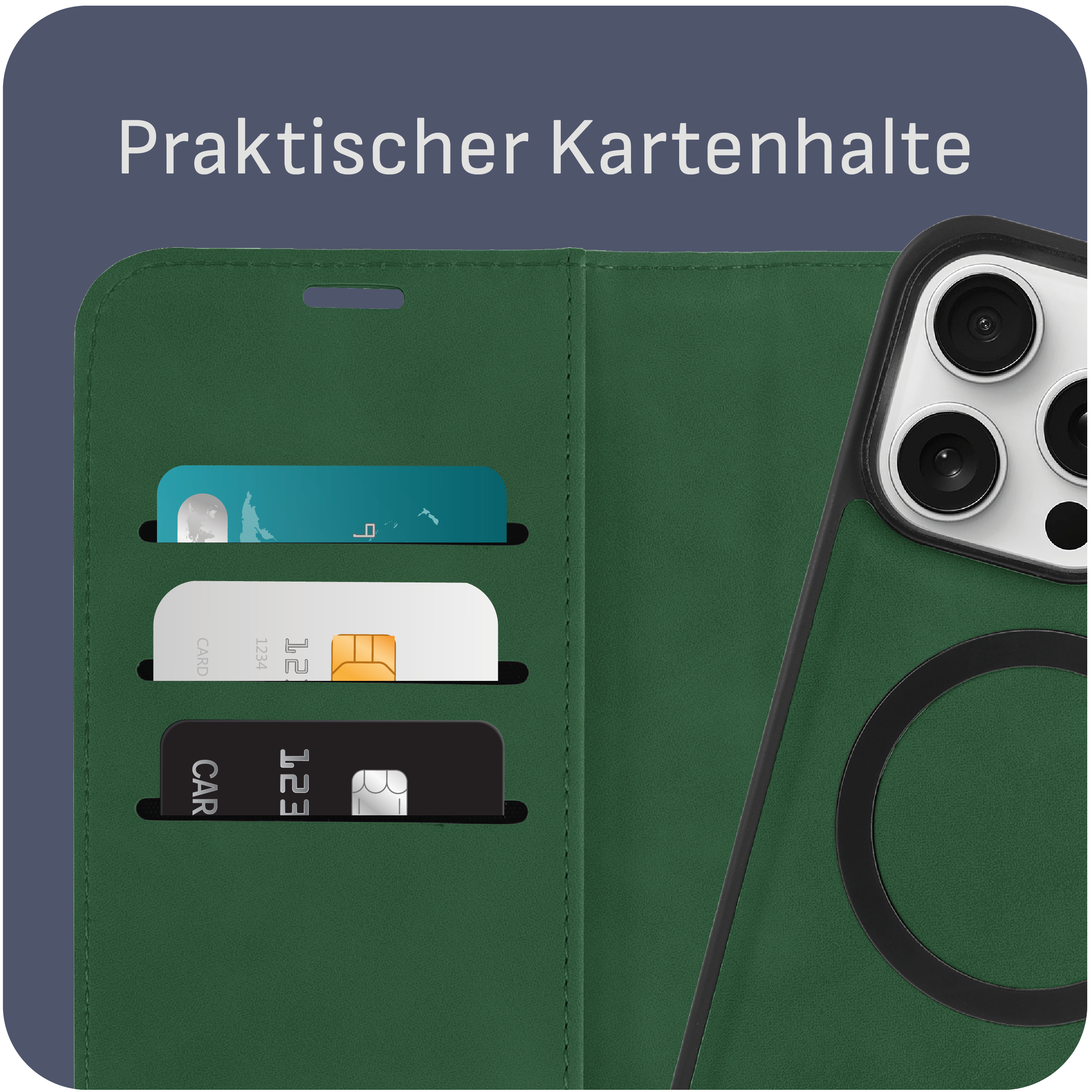 Grüne Handyhülle mit Kartenfächern. Karten innen. Telefon teilweise sichtbar.