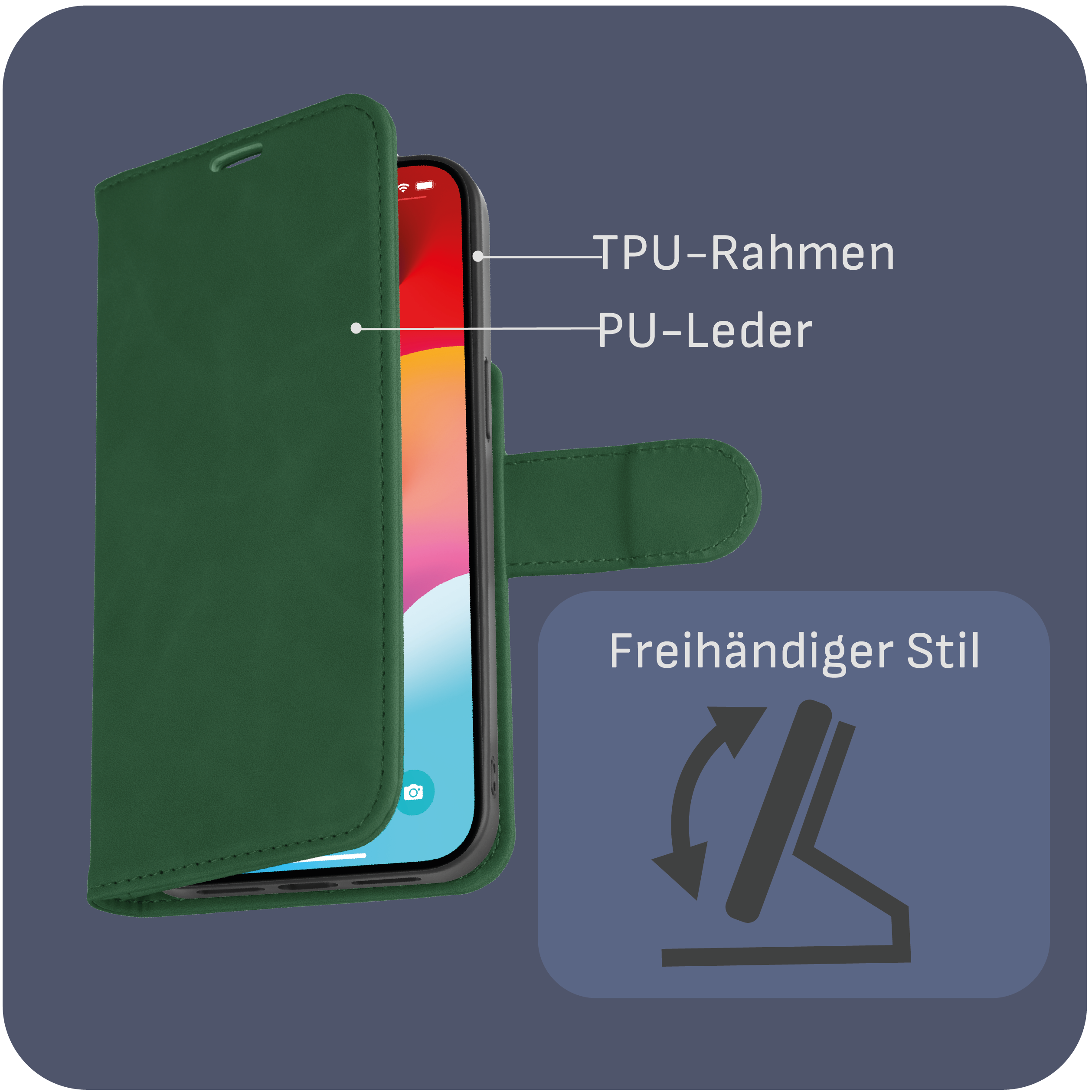 Grüne Handyhülle mit Telefon darin. Das Telefon wird mit eingeschaltetem Bildschirm auf dunklem Hintergrund gezeigt.