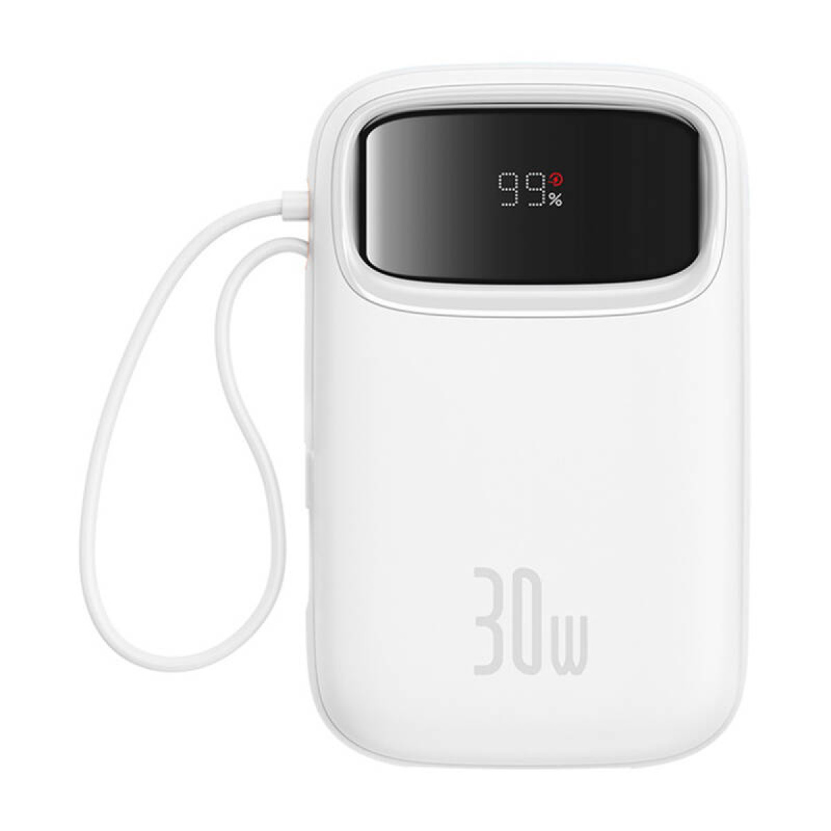 Power bank bianca con piccolo schermo che mostra il 99%.