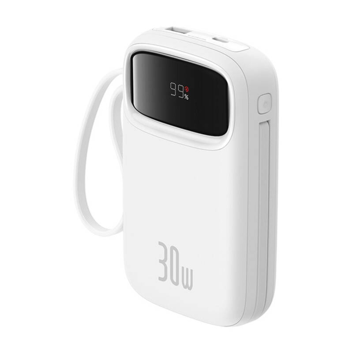 Witte powerbank met digitale display met 99%.