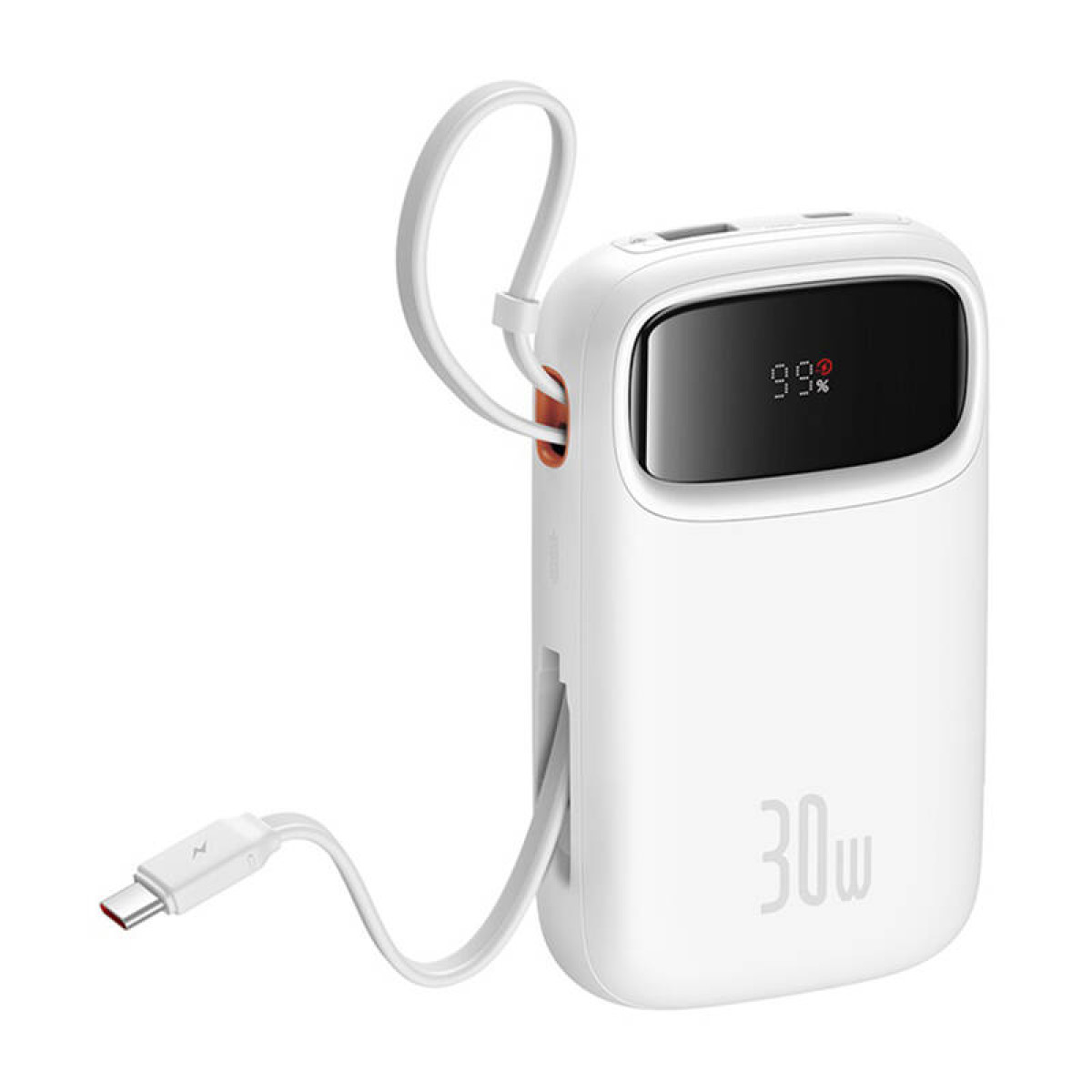 Een witte draagbare oplader met een USB-C-kabel. Het heeft een display met 99% lading en de tekst: 30w.
