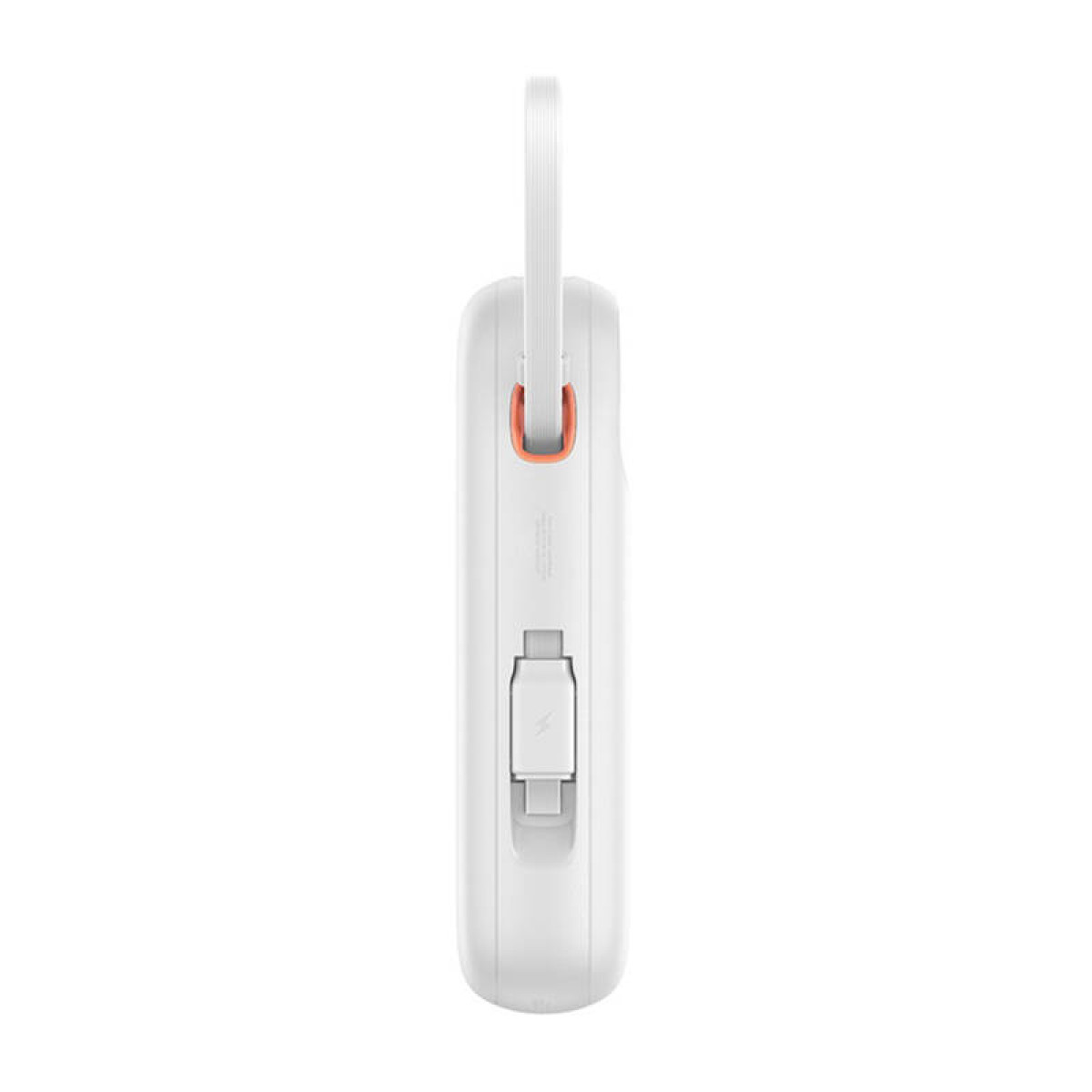 Een witte rechthoekige powerbank met een lus en oranje accenten.