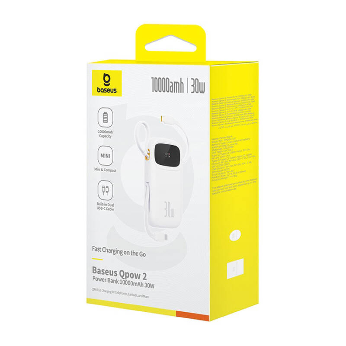 Gele doos met een witte powerbank en een mini USB-C-kabel.