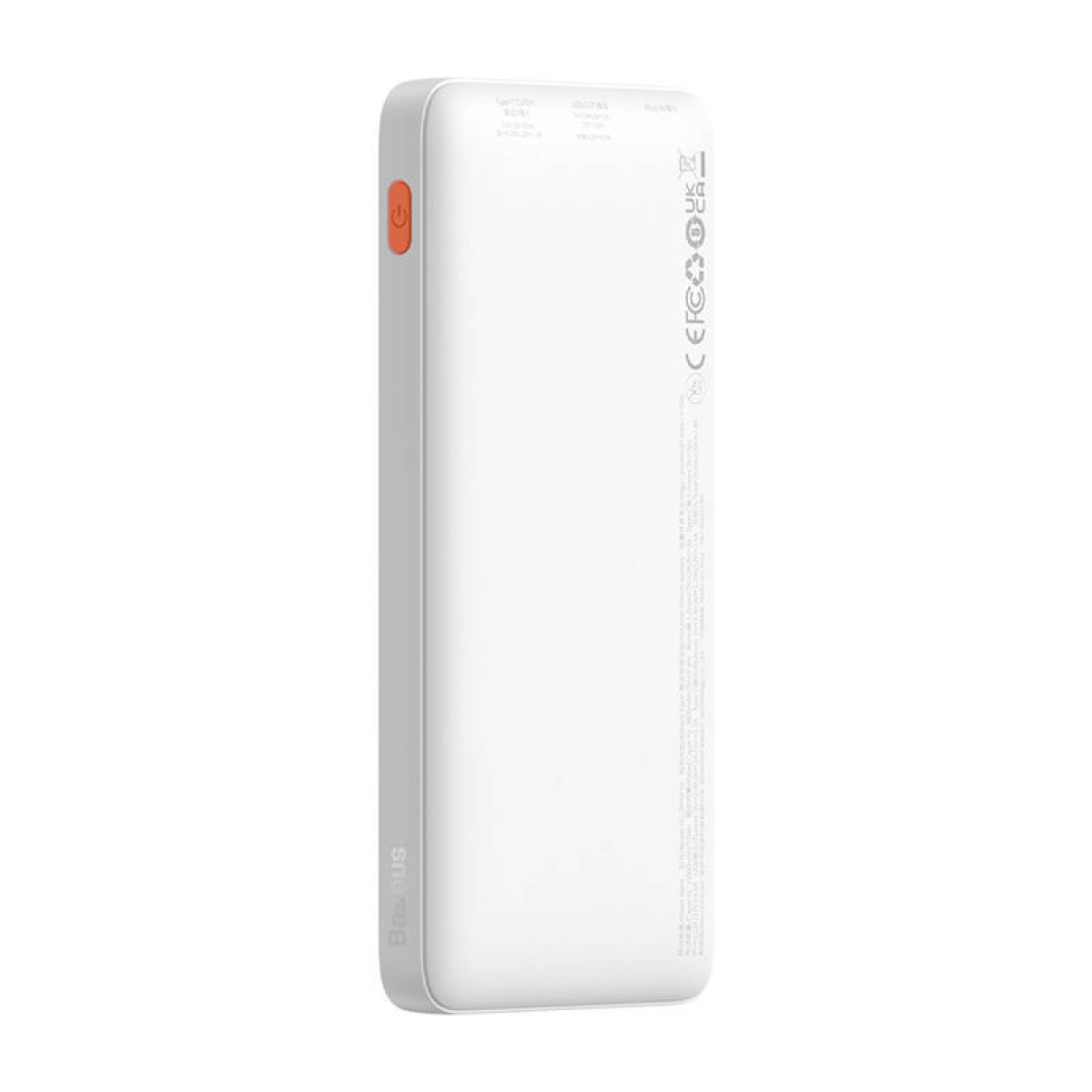 Biały power bank z przyciskiem zasilania i logo Baseus na białym tle.