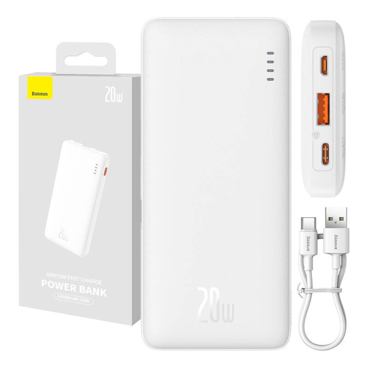 Weiße Powerbank mit Box und Kabeln. Text: 'AIRPOW FAST CHARGE POWER BANK'.