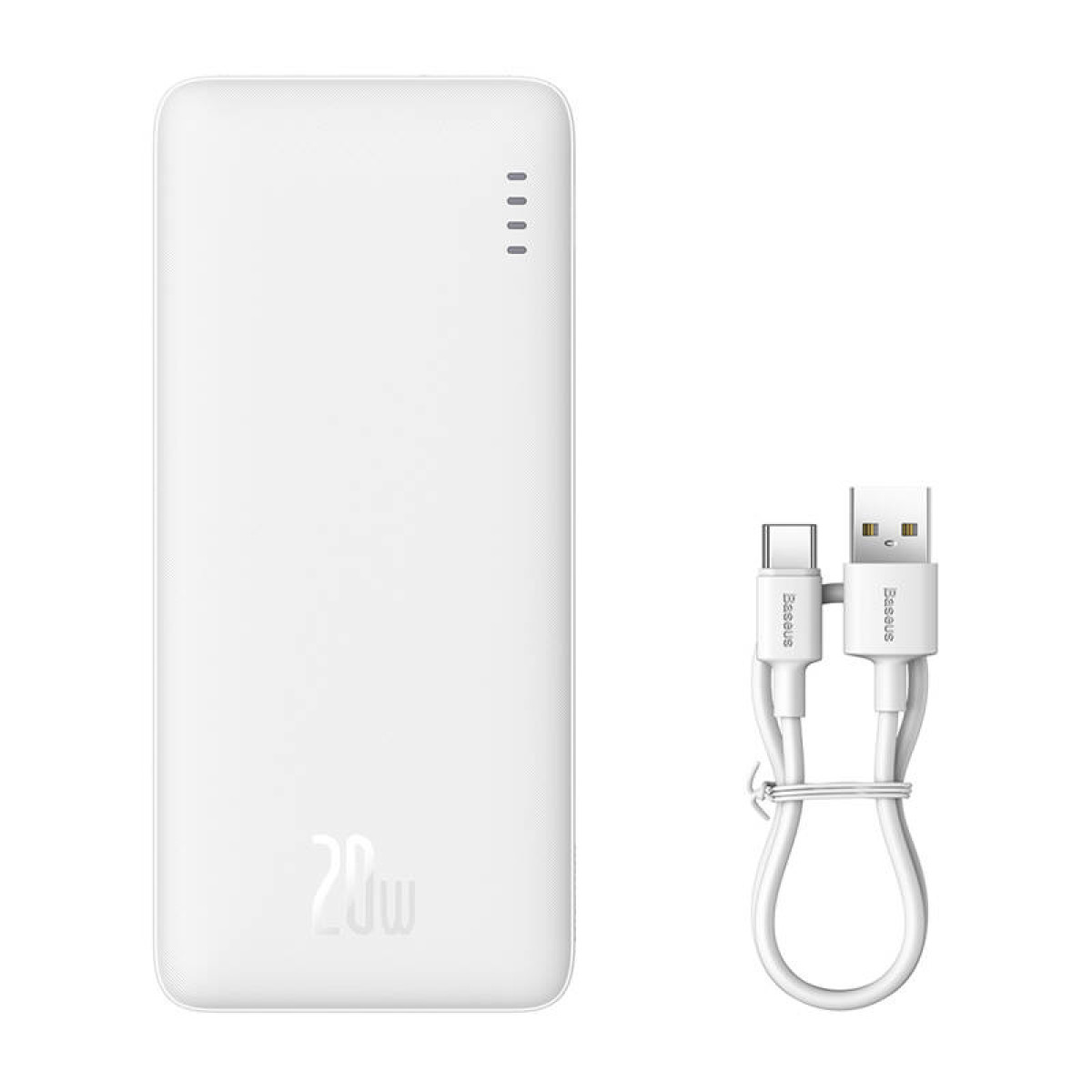 Biały power bank z przewodem zasilającym i kablem USB, na powierzchni nadruk 20w.