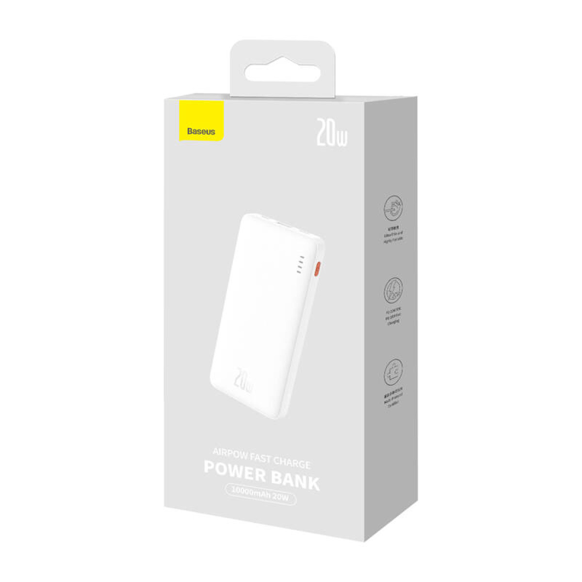Pudełko power bank z białym power bankiem. Marka Baseus jest na górze.