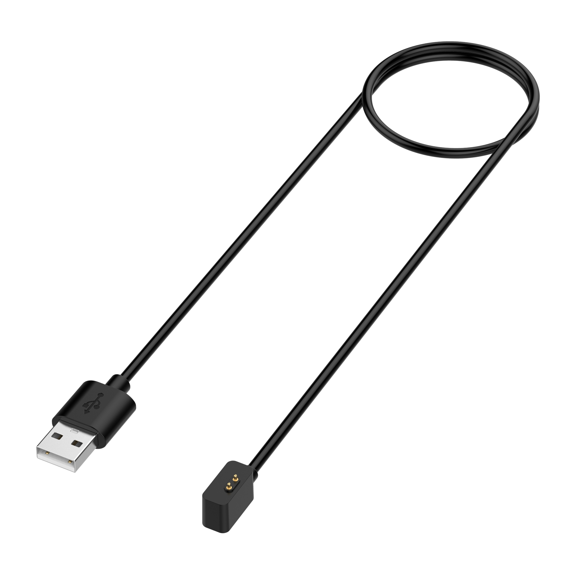 Ein schwarzes USB-Ladekabel. Ein Ende hat USB, das andere einen kleinen Ladeanschluss.