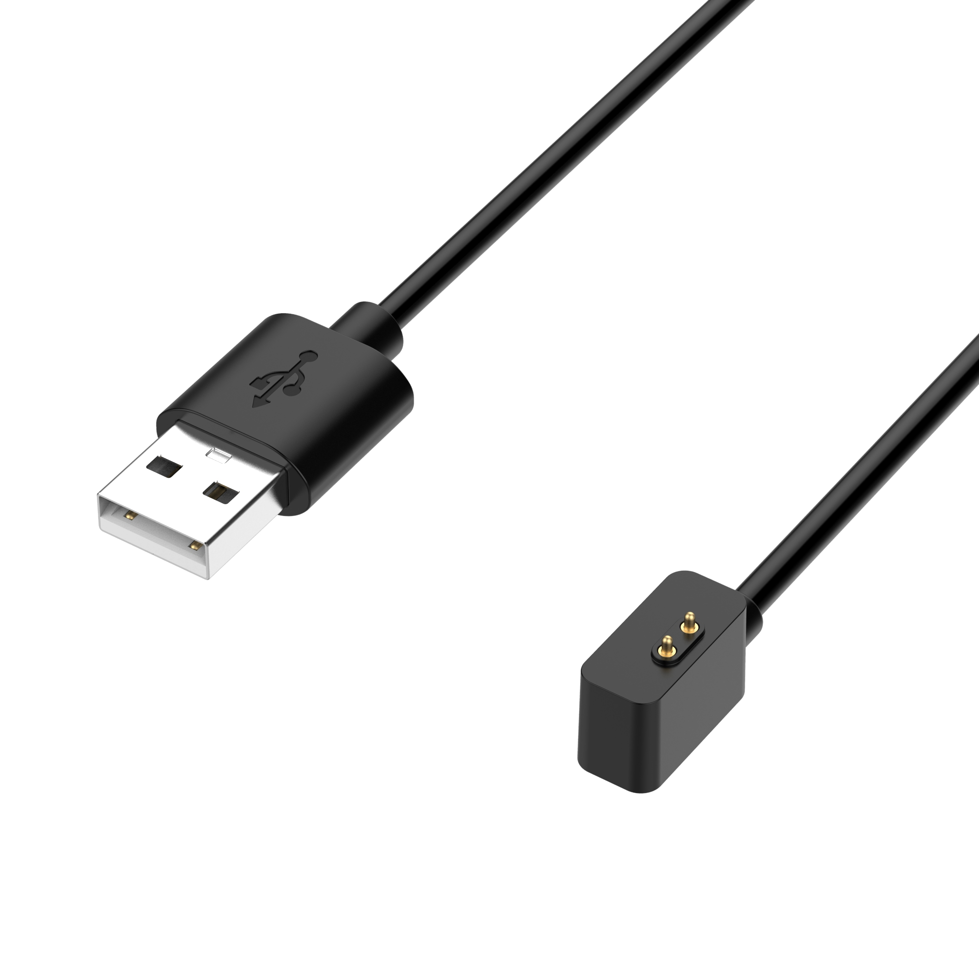 Ein schwarzes USB-Kabel mit USB-A-Anschluss und einem Ladeanschluss.