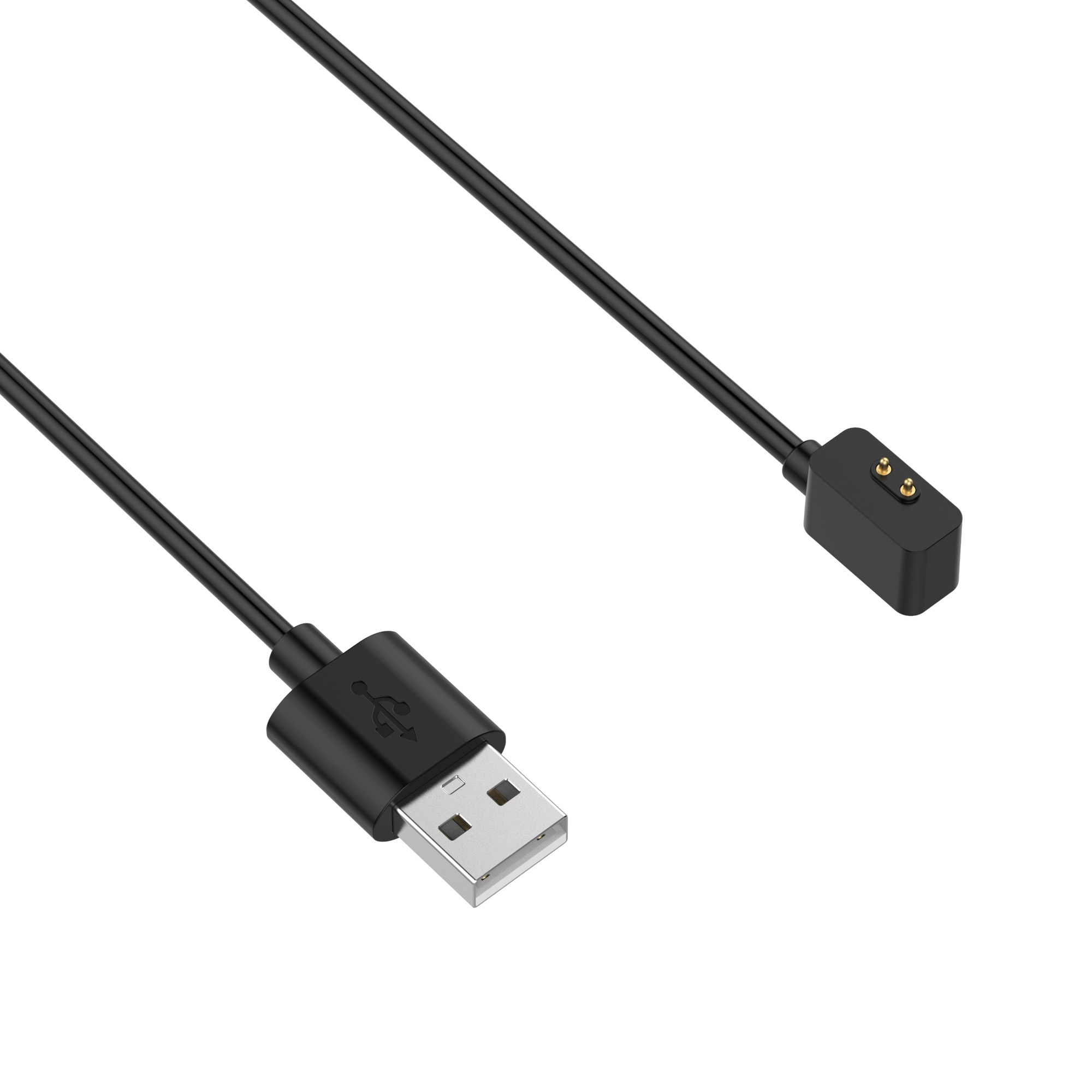 Schwarzes USB-Kabel, mit einem USB-A-Anschluss an einem Ende und einem Zweipol-Anschluss am anderen.