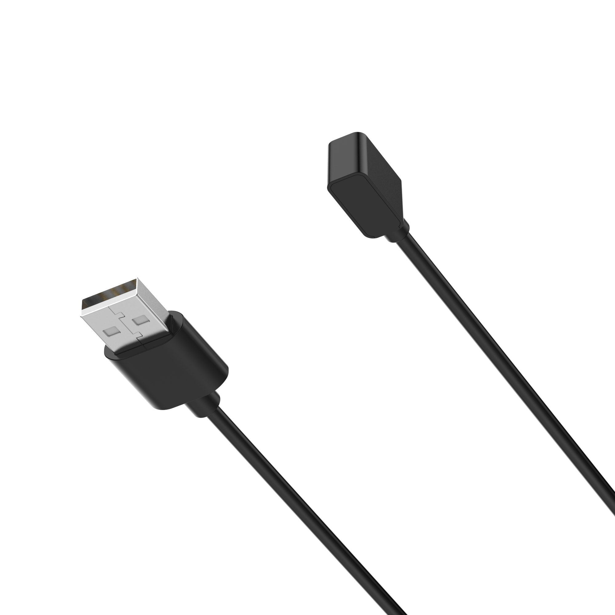 Zwei schwarze USB-Kabel, jedes mit einem anderen Ende. Weißer Hintergrund.