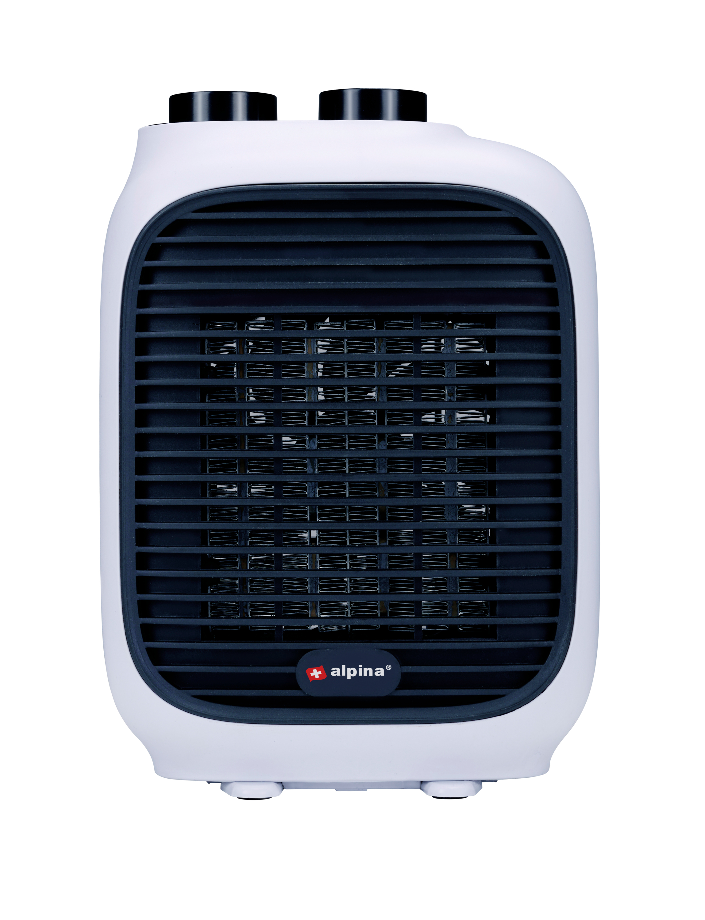 Wit en zwarte elektrische kachel met rooster, twee zwarte ventilatieopeningen en Alpina logo.