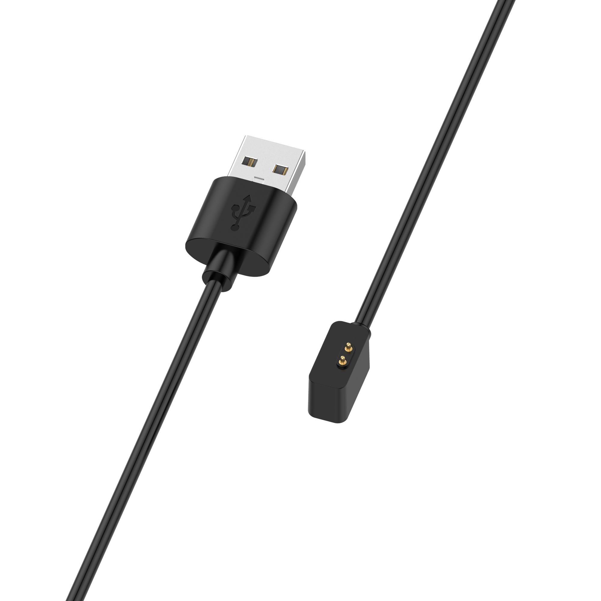 Schwarzes Ladekabel mit USB-Stecker und Ladeanschluss.