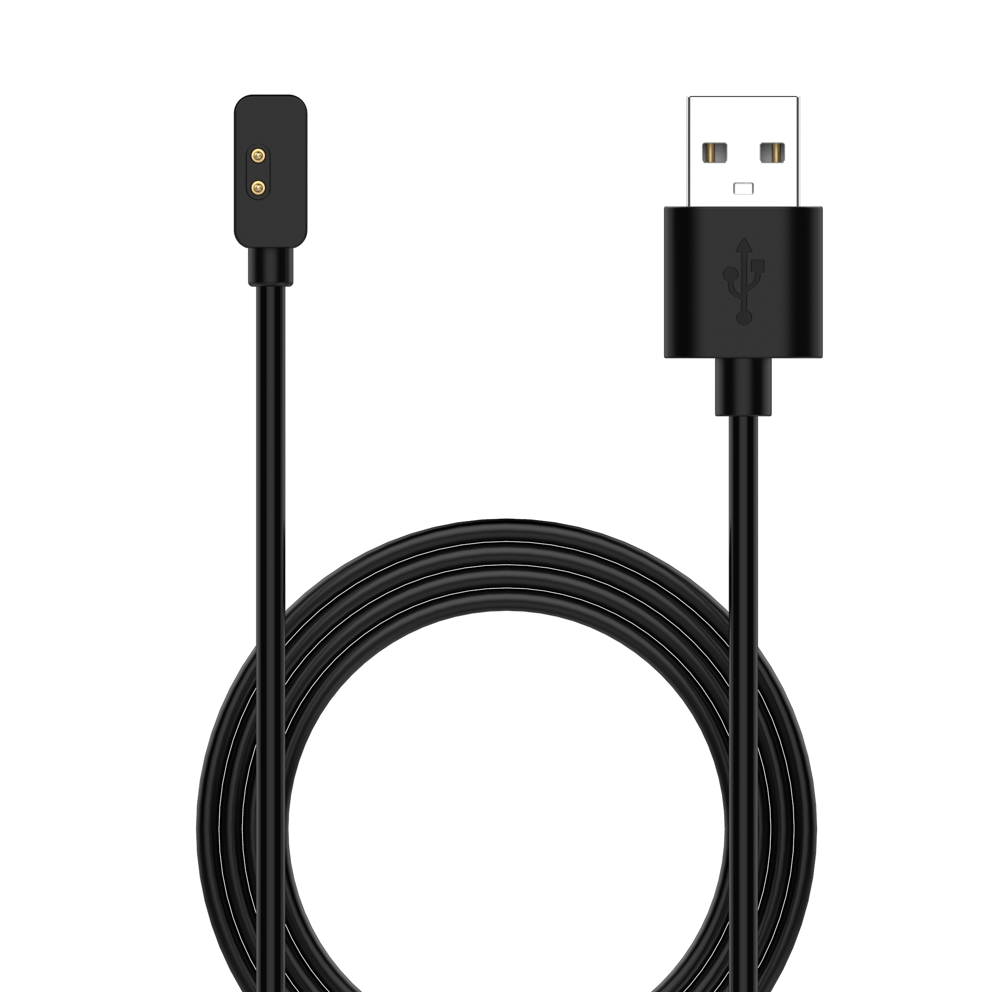 Schwarzes USB-Ladekabel mit USB-A-Ende rechts und magnetischem Ladeende links.