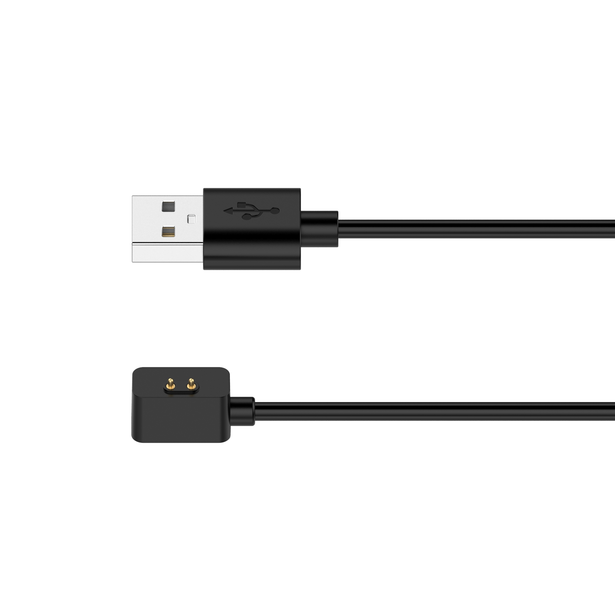 Ein schwarzes Ladekabel mit USB-Anschluss und magnetischem Ladekopf auf weißer Oberfläche.