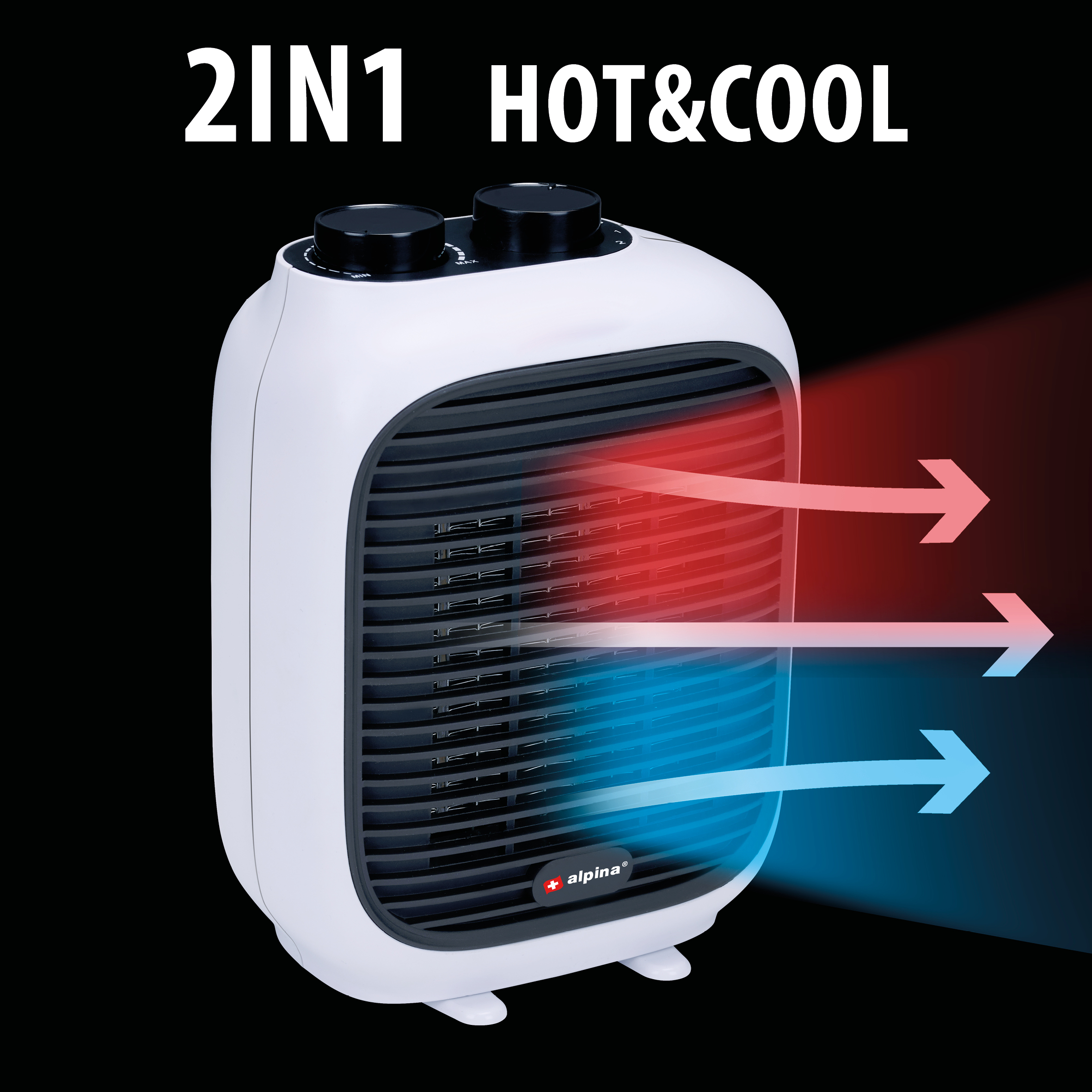 Witte 2-in-1 hete en koele ventilator met rode en blauwe pijlen. Tekst: 2IN1 HOT&COOL.